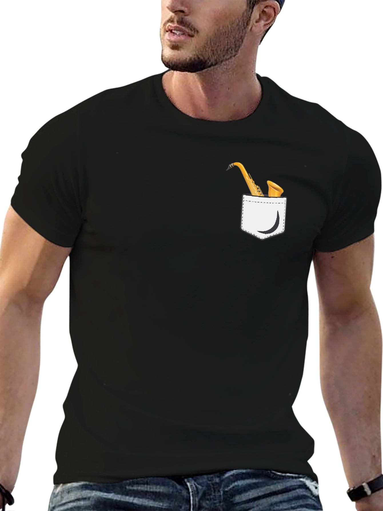 Saxophone Pocket Graphic T-Shirt - Black