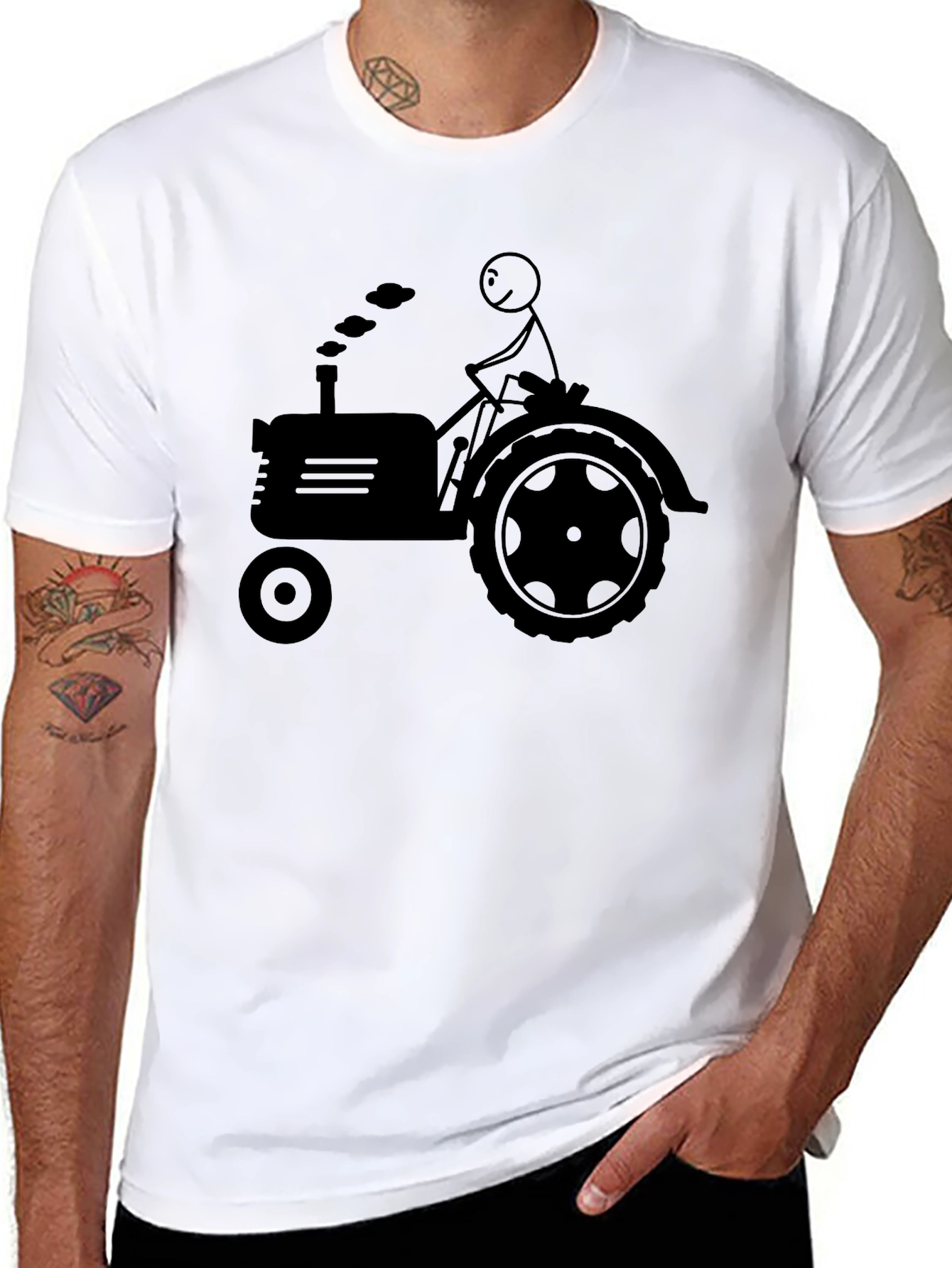Stick Figure Farmer Tractor Graphic Tee - Black