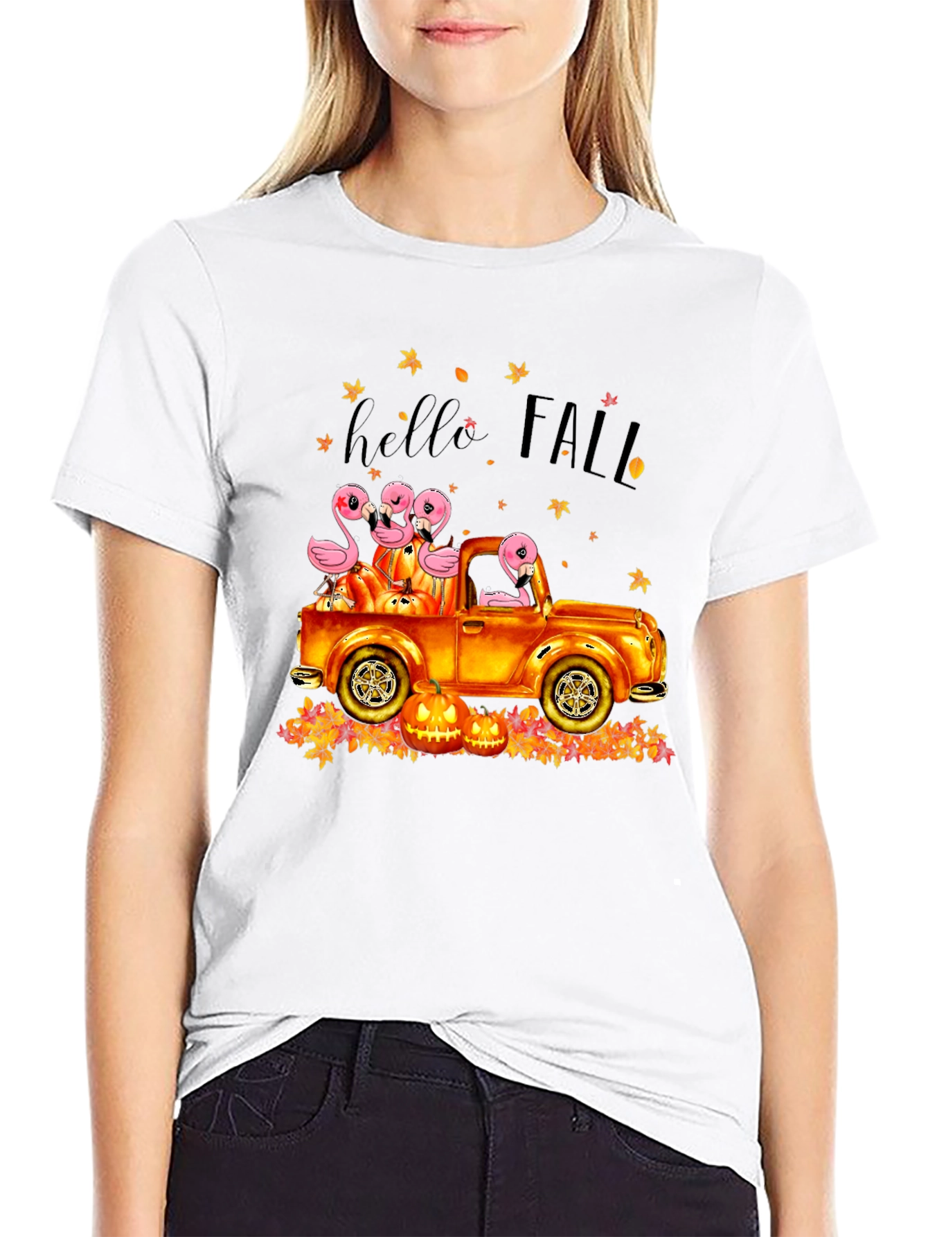 Hello Fall Flamingo Pumpkin Truck T-Shirt