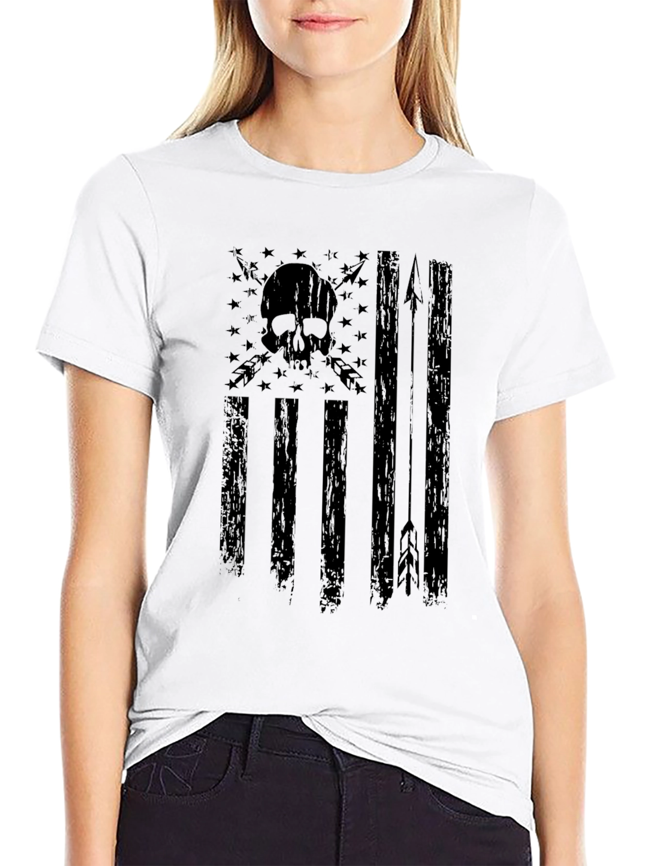 Skull American Flag Graphic T-Shirt - Black