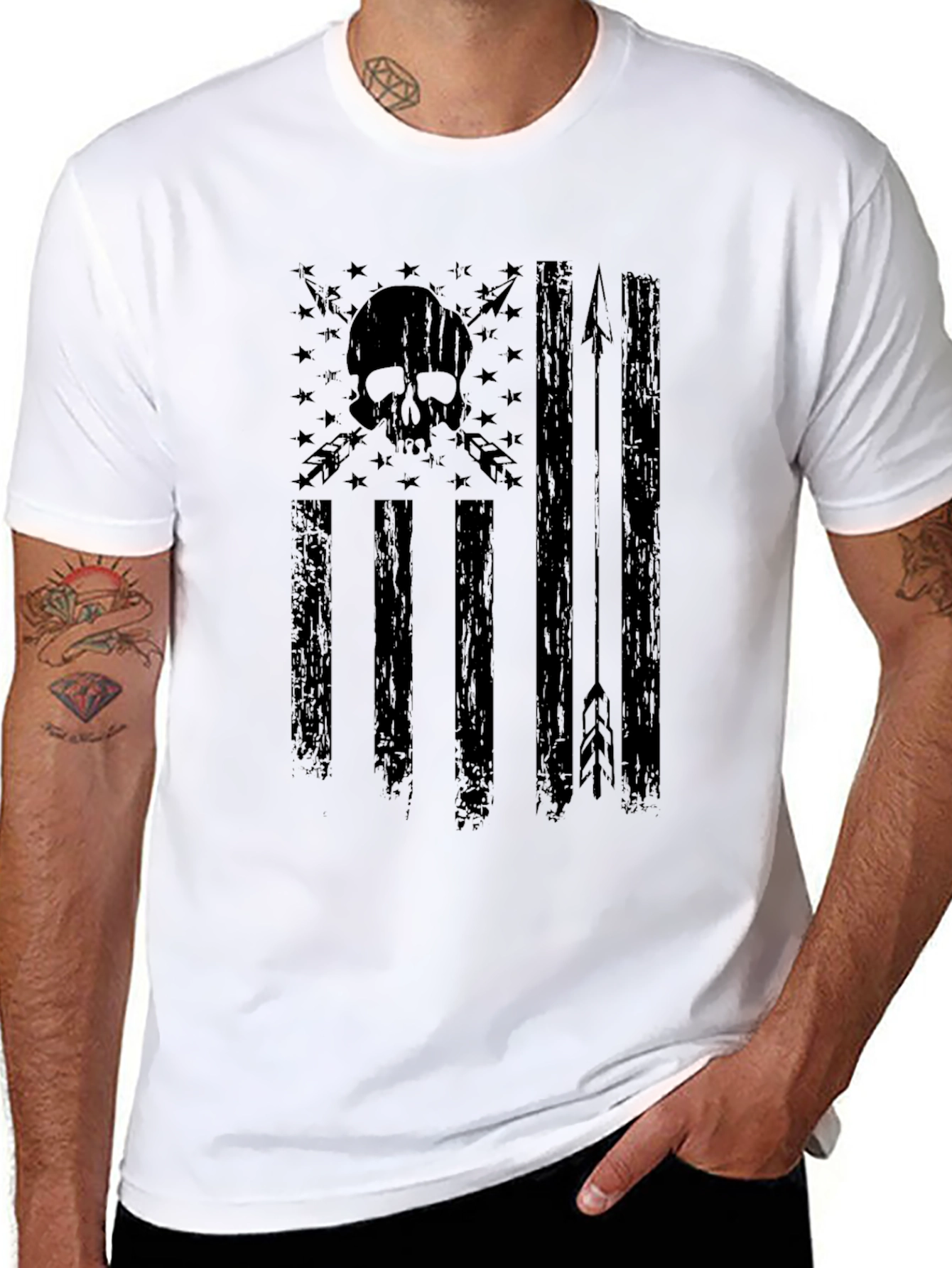 Skull American Flag Graphic T-Shirt - Black