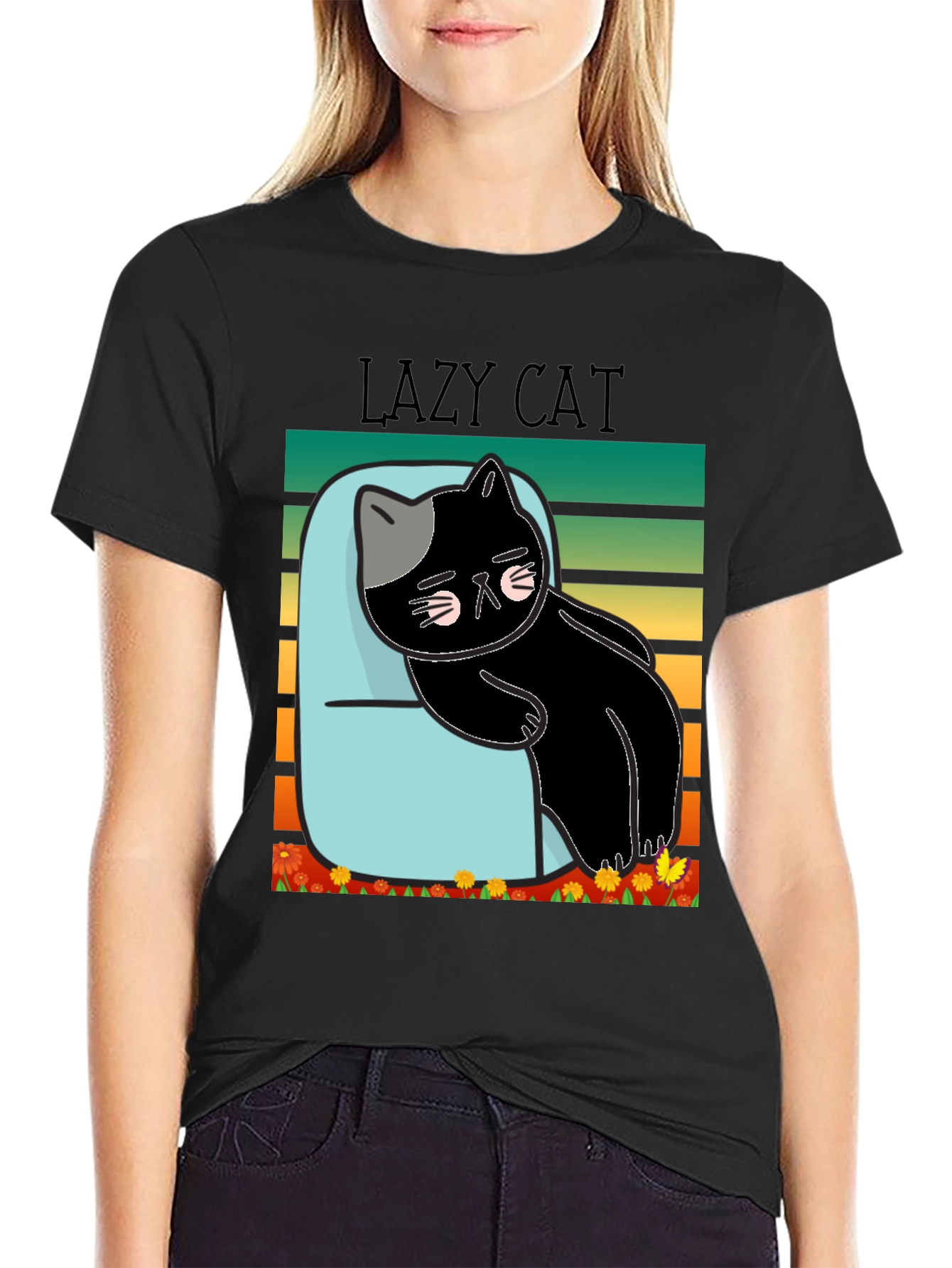 Lazy Cat T-Shirt - Black Cotton Tee