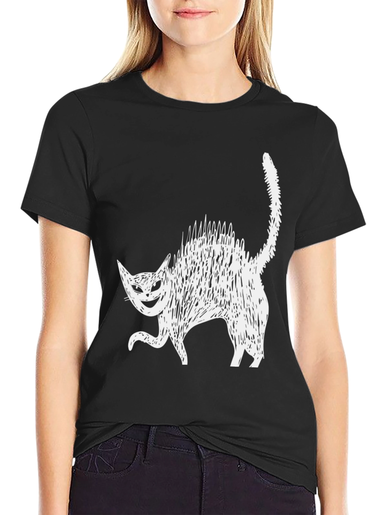 Creepy Cat Graphic Tee - Black Cotton Blend