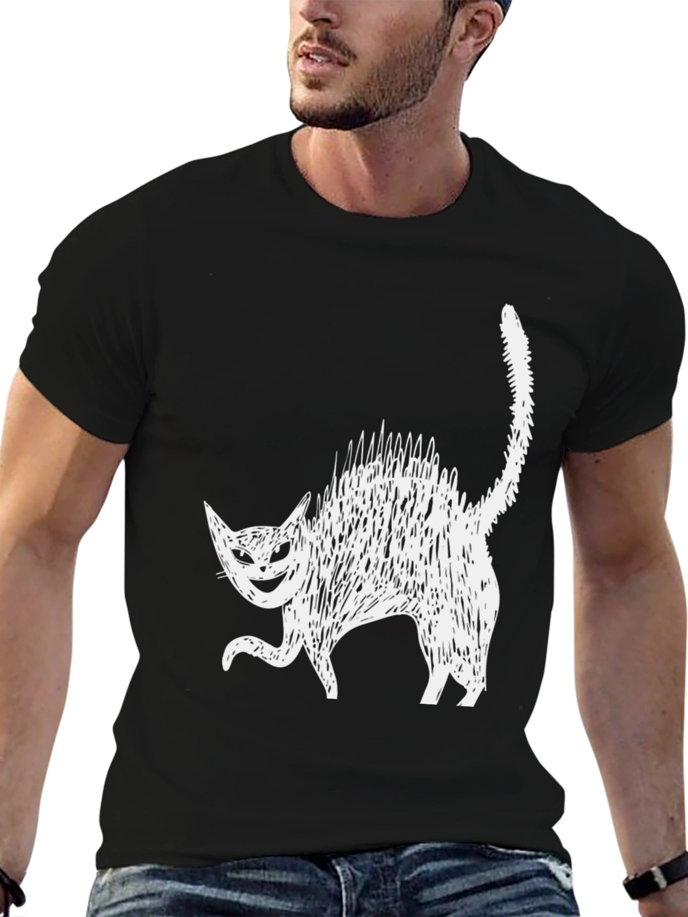 Creepy Cat Graphic Tee - Black Cotton Blend