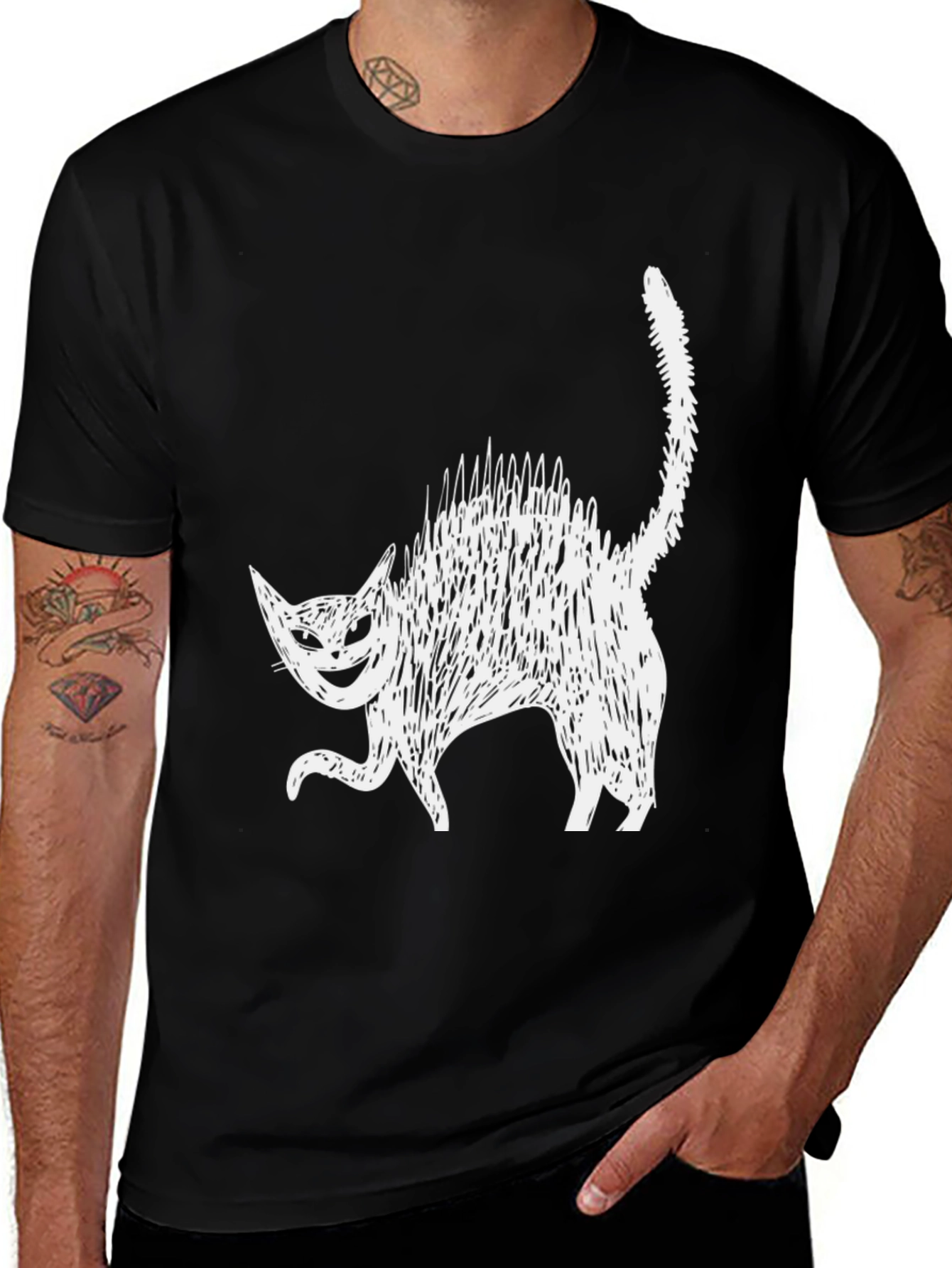 Creepy Cat Graphic Tee - Black Cotton Blend