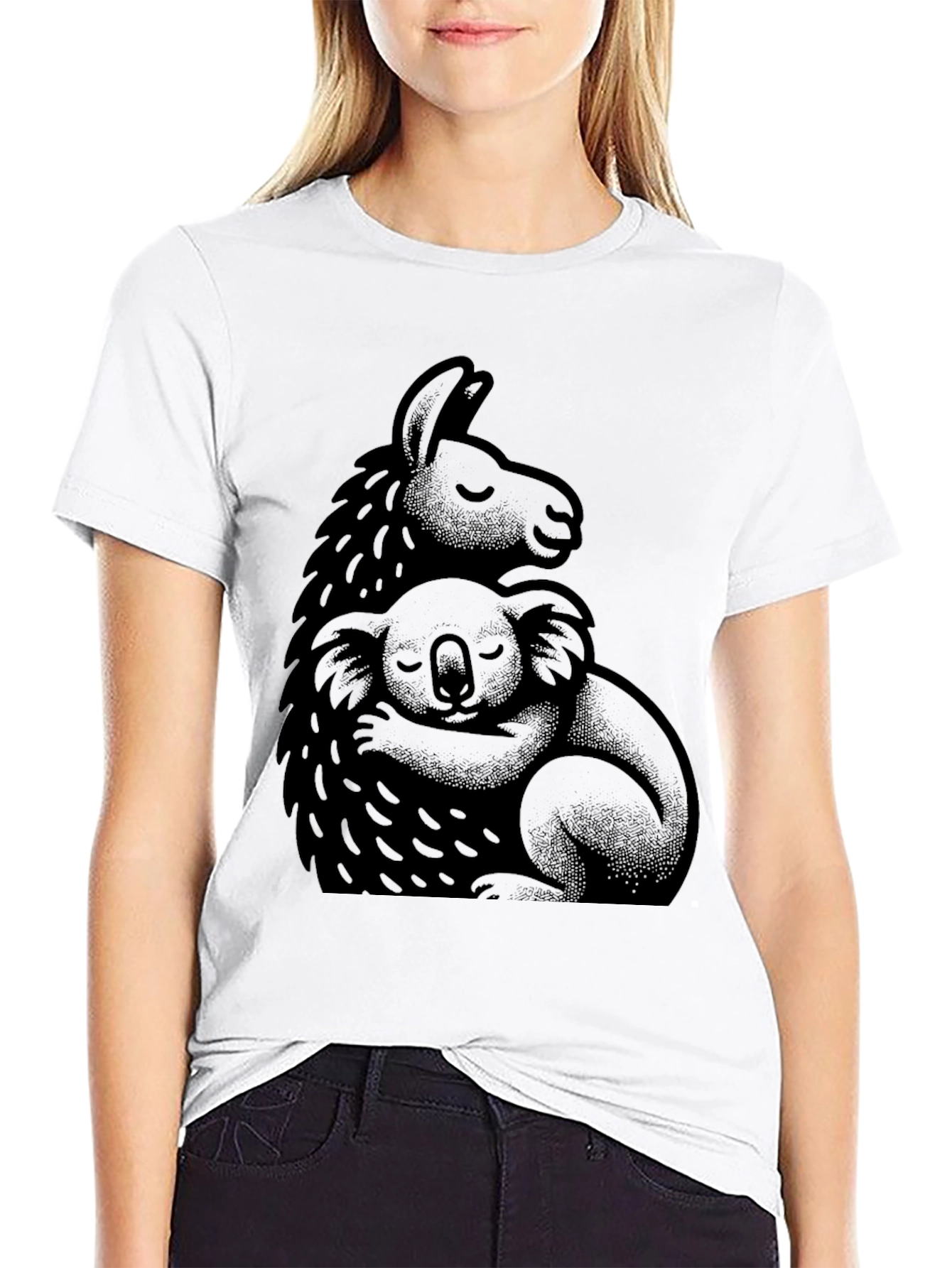 Llama Koala Hug Black T-Shirt