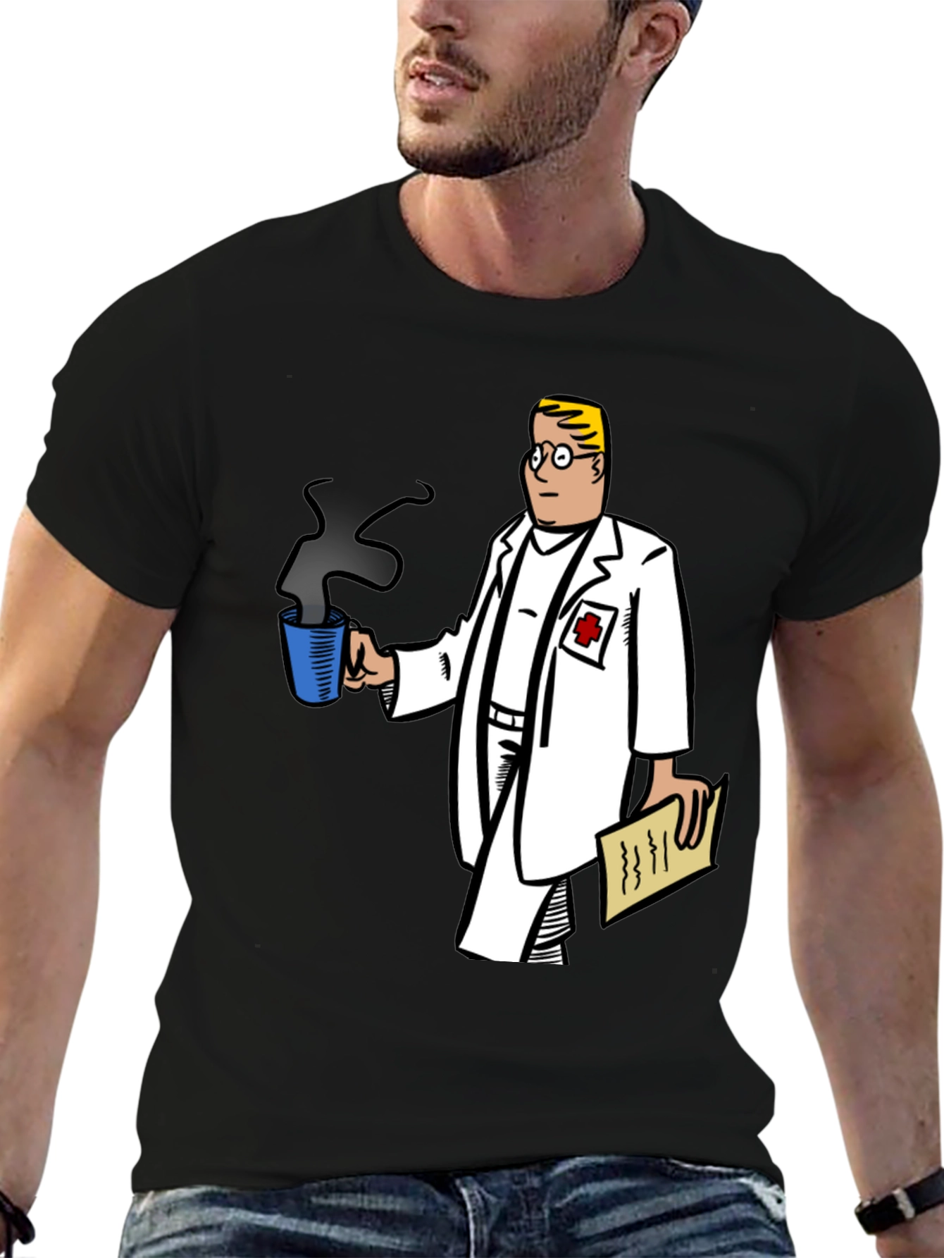 Doctor Cartoon Graphic Tee - Black Cotton Blend