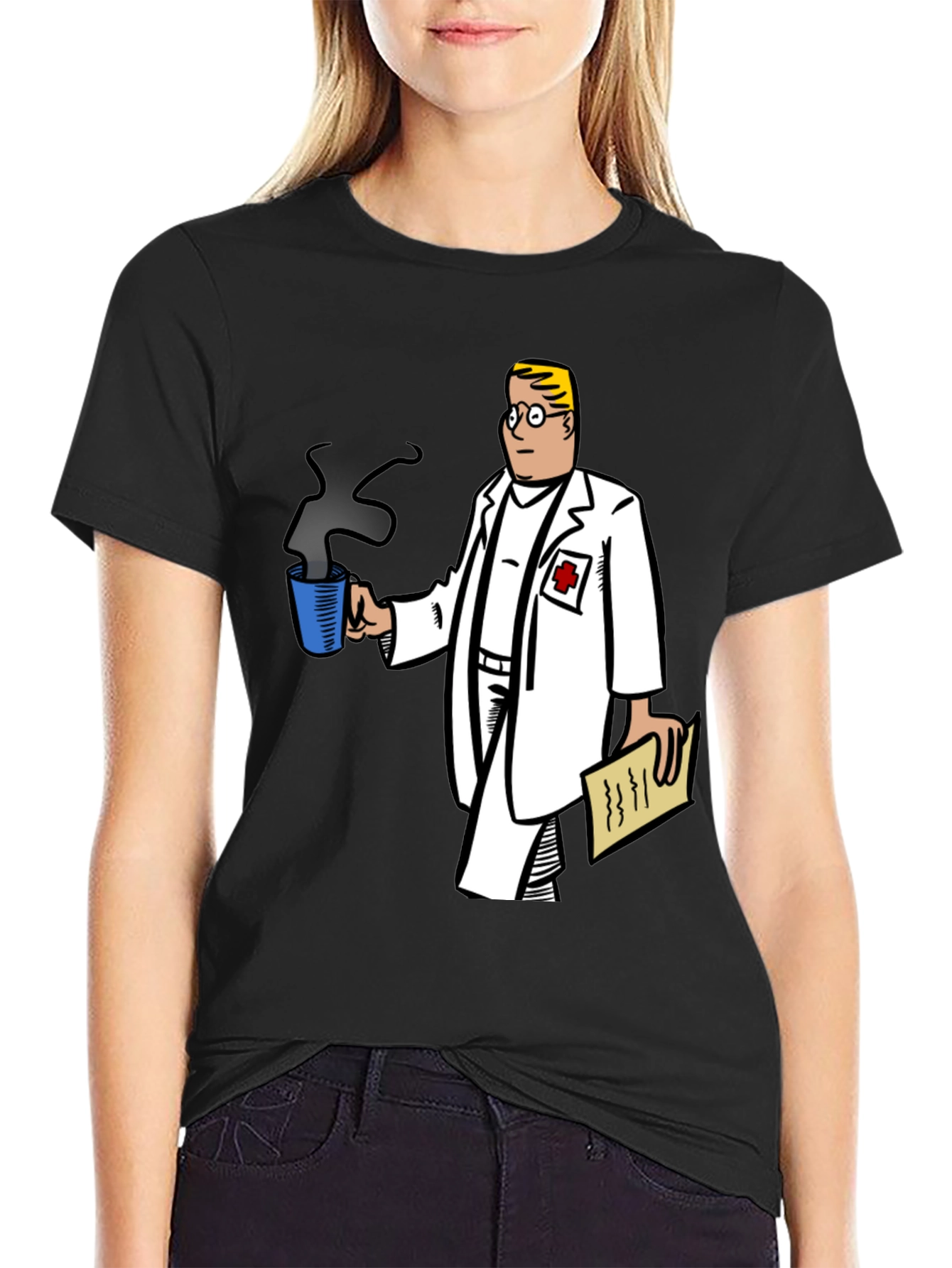 Doctor Cartoon Graphic Tee - Black Cotton Blend