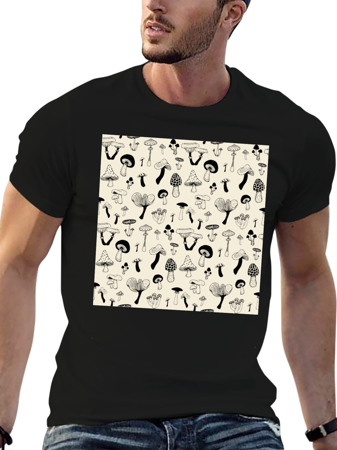 Mushroom Print Black T-Shirt - Unique Graphic Tee