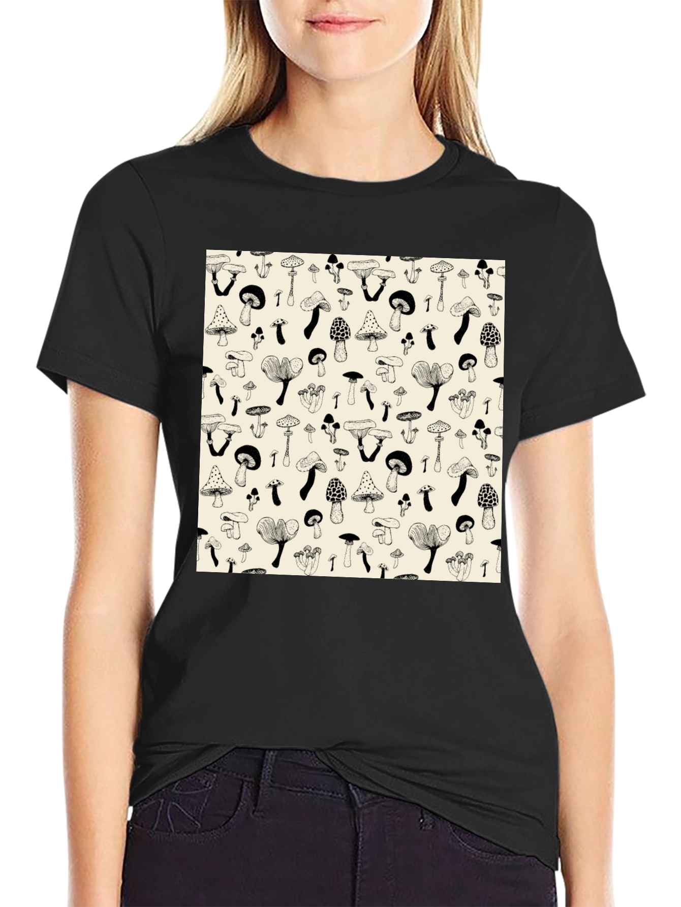 Mushroom Print Black T-Shirt - Unique Graphic Tee