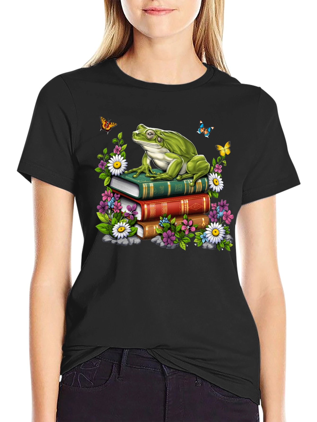 Frog on Books Graphic Tee - Nature Lover Shirt