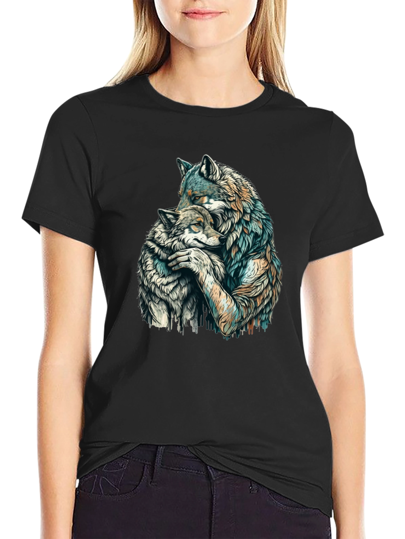 Wolf Hug Graphic Tee - Black Cotton Blend
