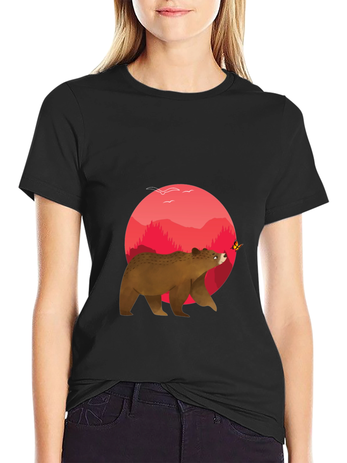 Bear & Butterfly Graphic Tee - Black T-Shirt