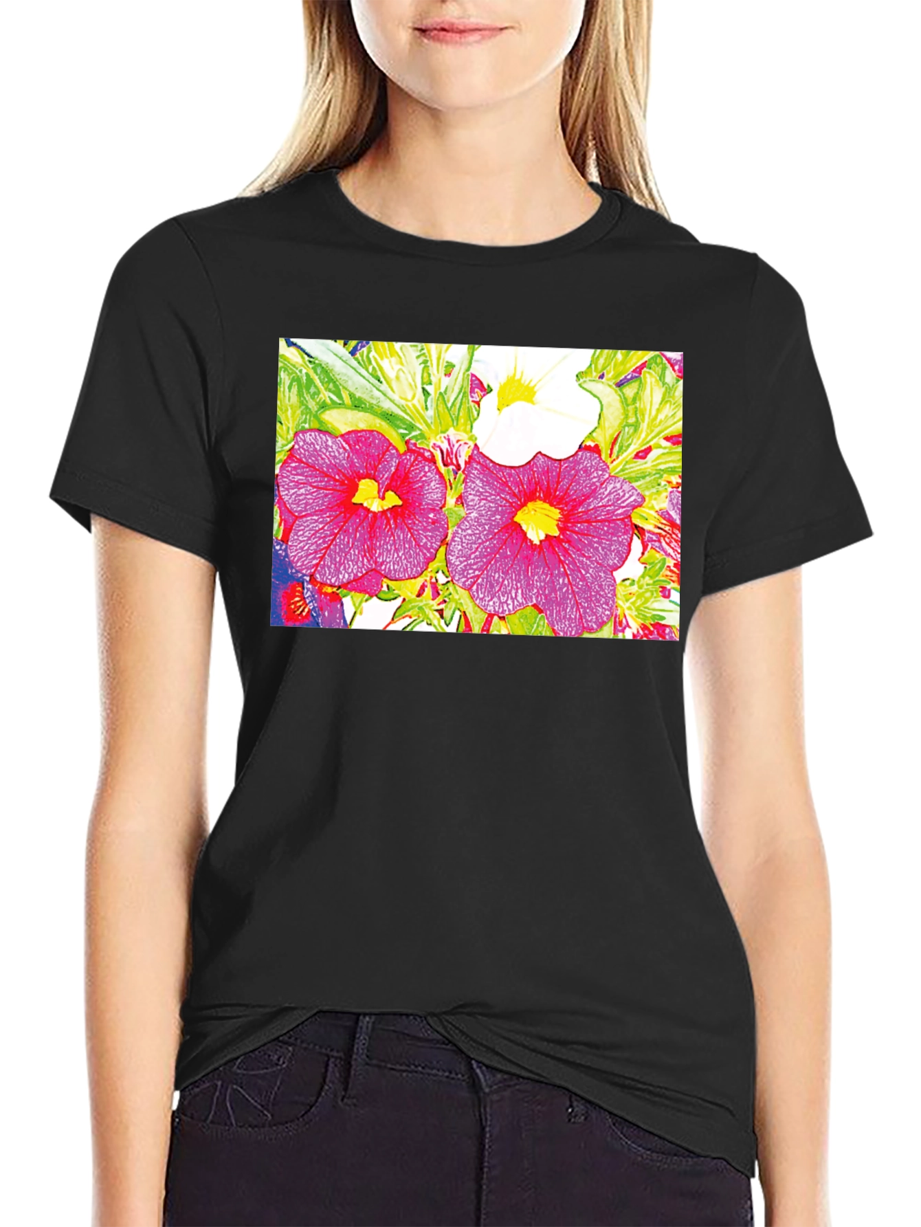 Floral Print Black Tee