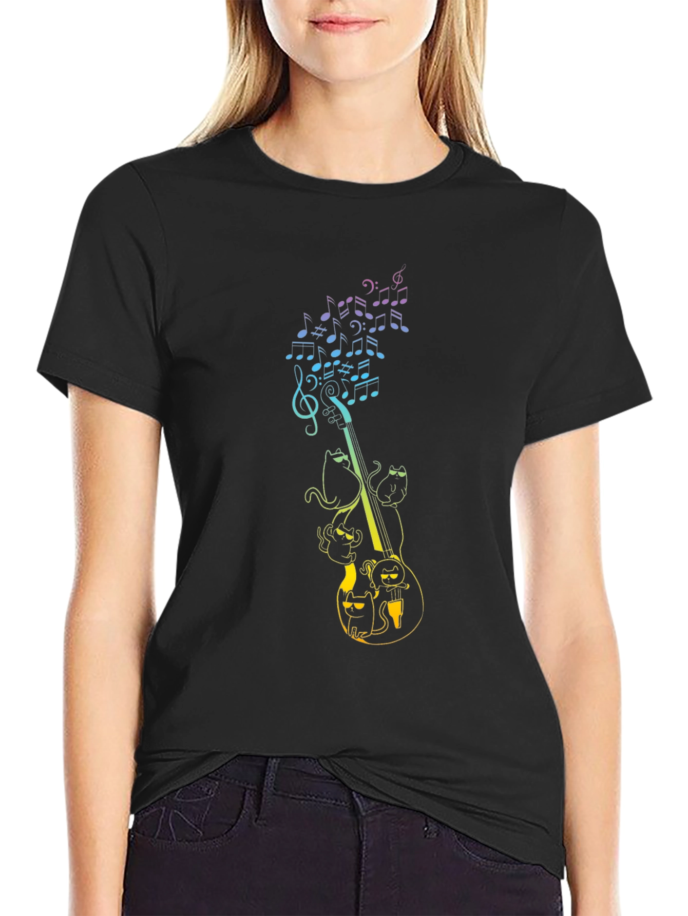 Musical Cats Graphic Tee - Black Cotton T-Shirt
