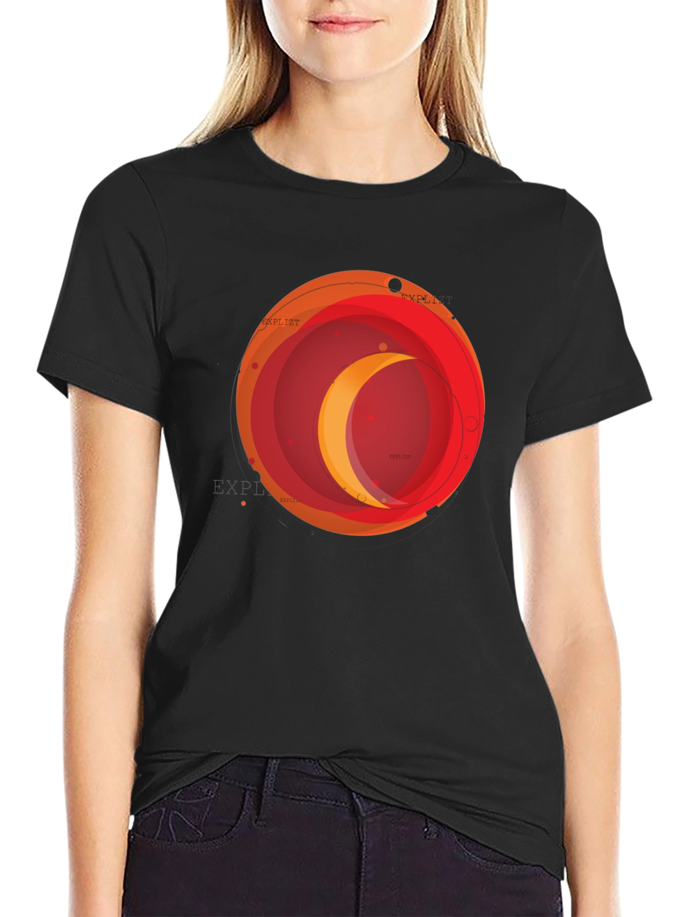 Abstract Crescent Moon Graphic Black T-Shirt