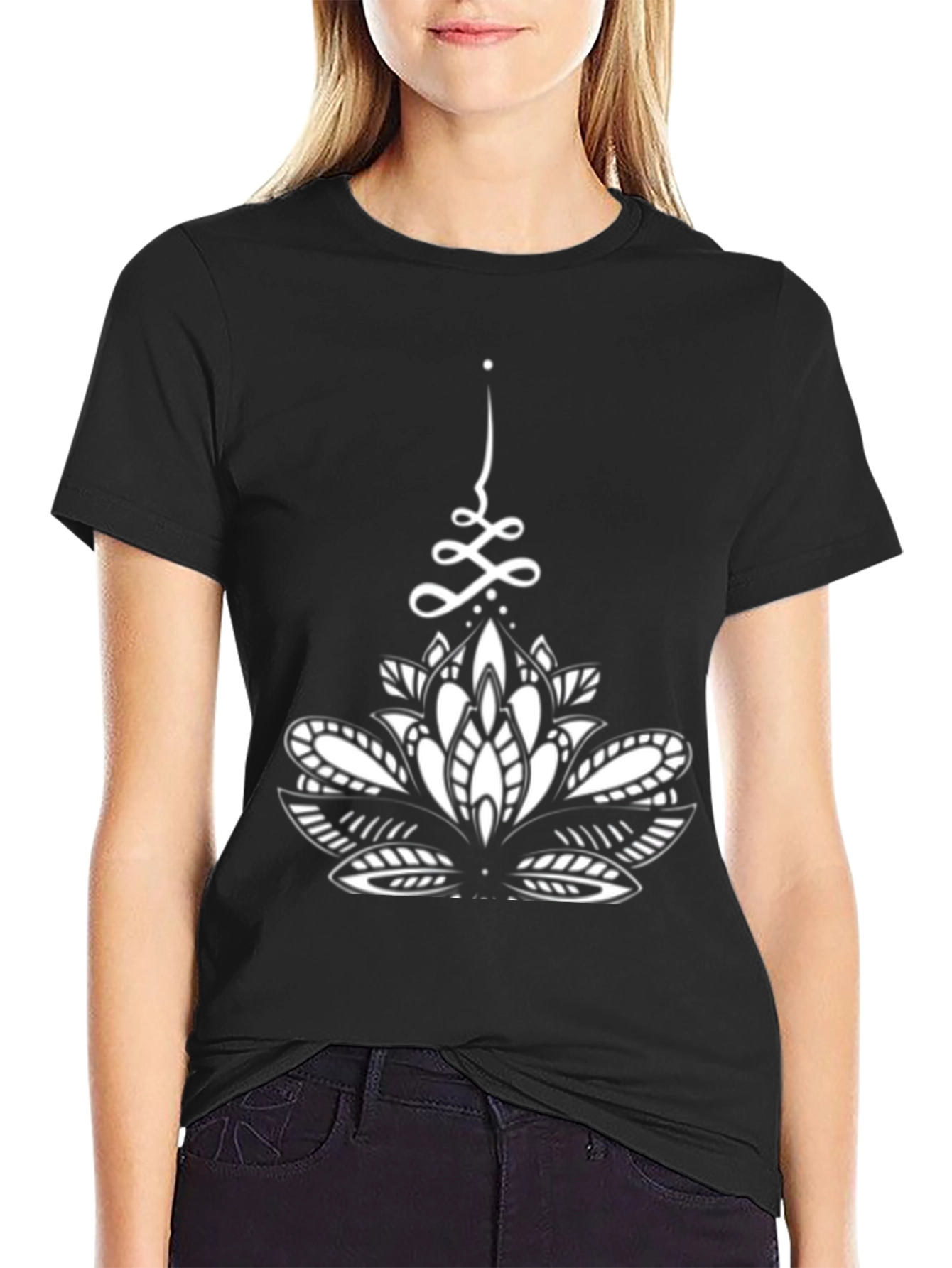 Black T-Shirt with White Lotus Design