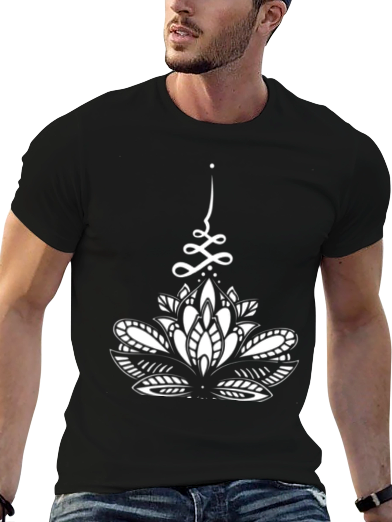 Black T-Shirt with White Lotus Design