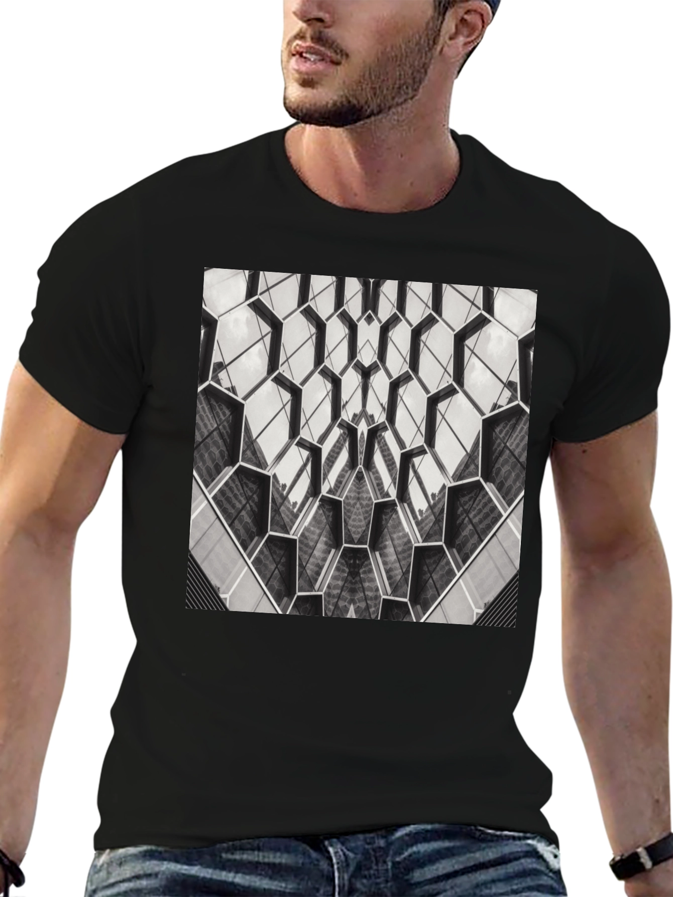 Geometric Hexagon Pattern Black T-Shirt