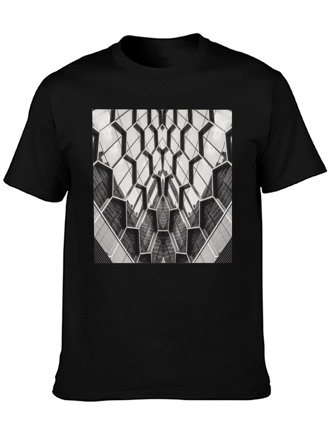 Geometric Hexagon Pattern Black T-Shirt