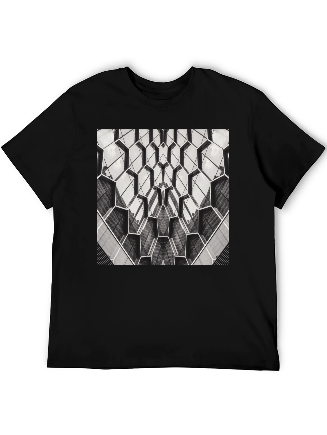 Geometric Hexagon Pattern Black T-Shirt