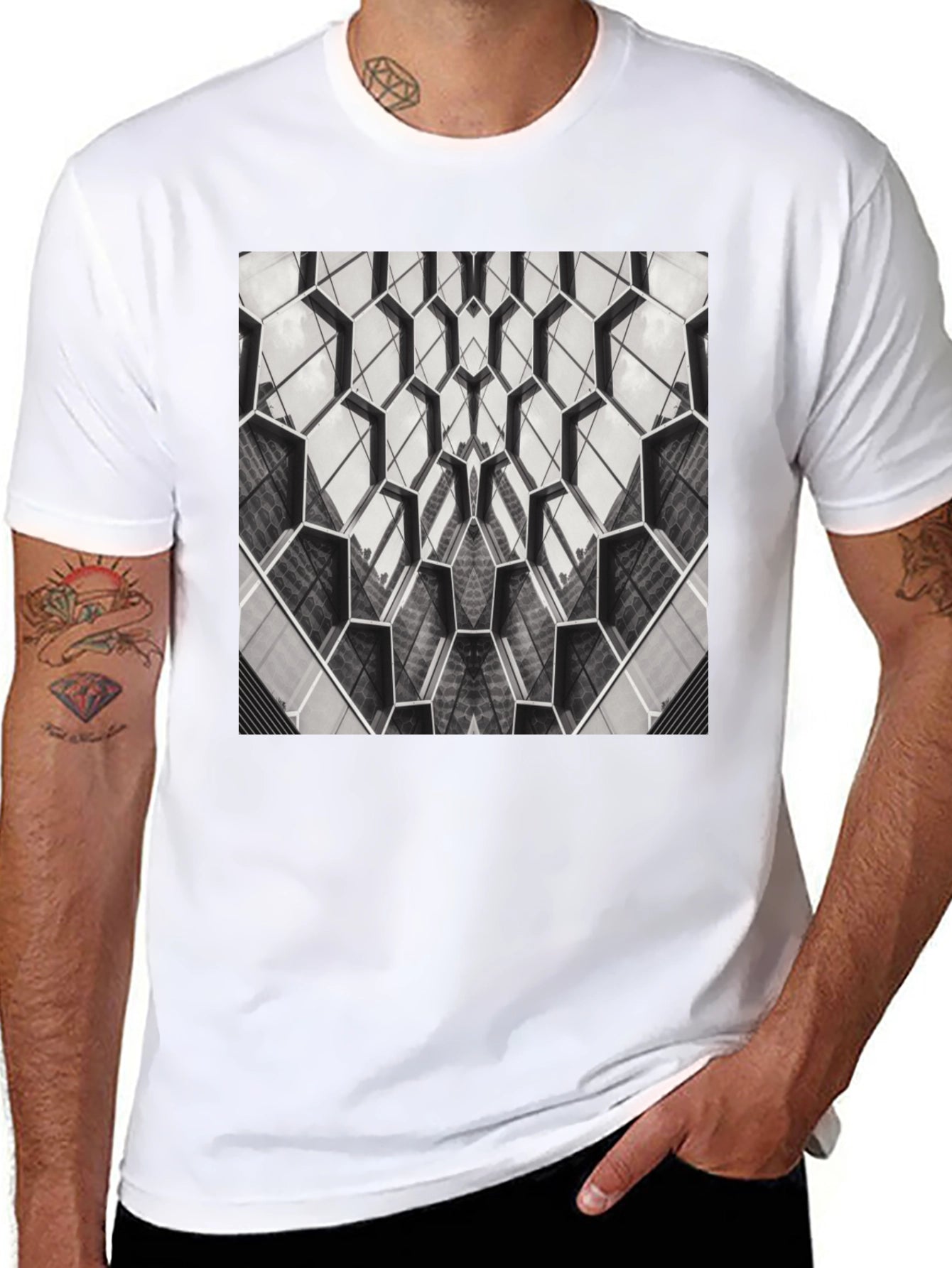 Geometric Hexagon Pattern Black T-Shirt