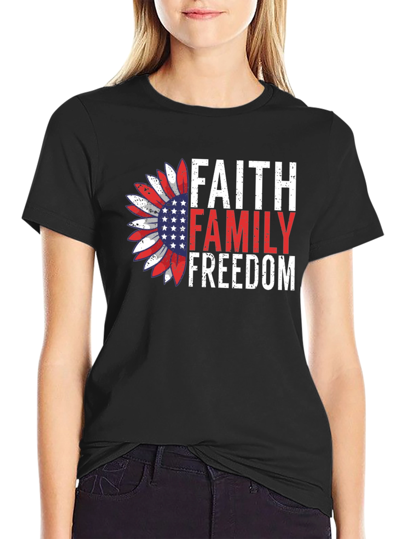 Faith Family Freedom Graphic Tee - Patriotic Sunflower Design