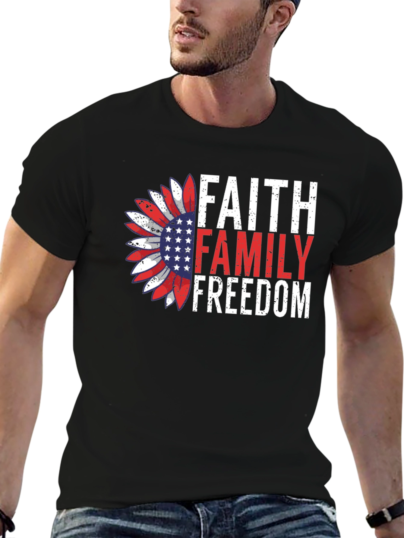 Faith Family Freedom Graphic Tee - Patriotic Sunflower Design