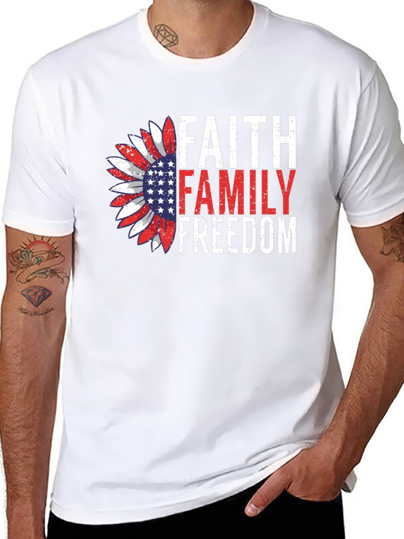 Faith Family Freedom Graphic Tee - Patriotic Sunflower Design