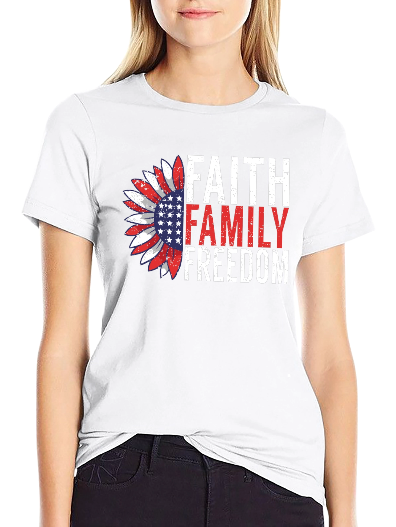 Faith Family Freedom Graphic Tee - Patriotic Sunflower Design