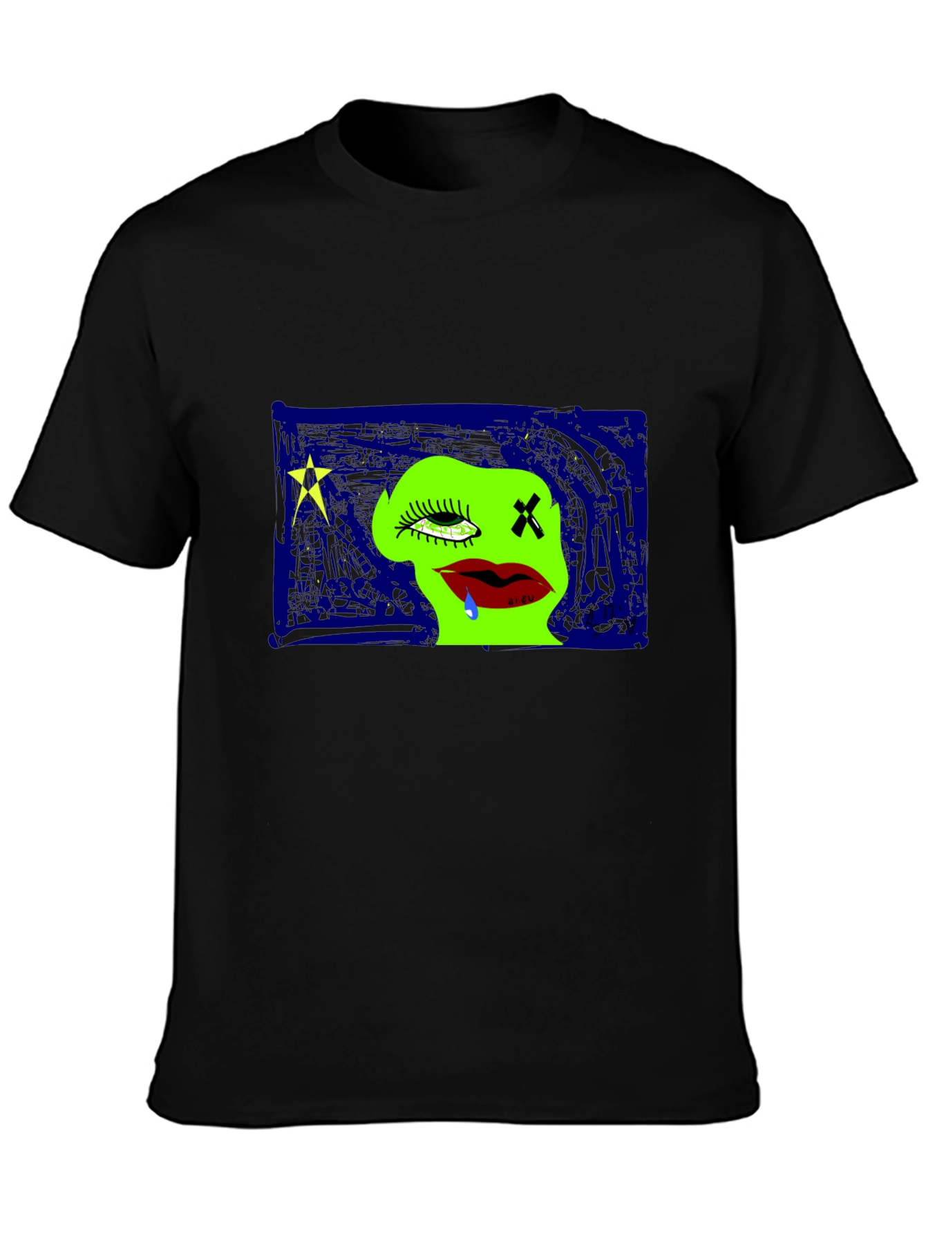 Unique Graphic Print Crew Neck Tee - Black