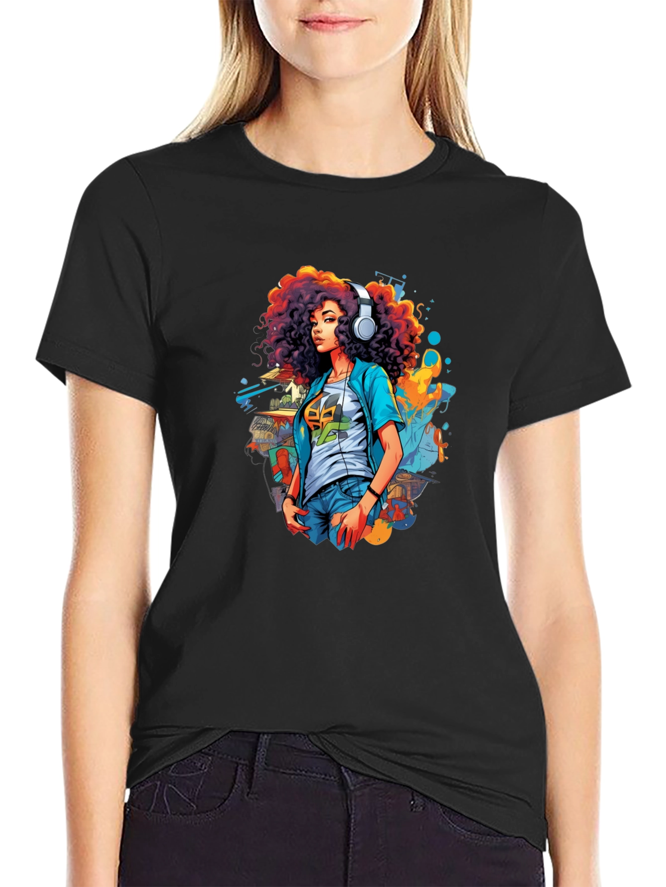 Afro Girl Graphic Tee - Black Cotton Casual Shirt