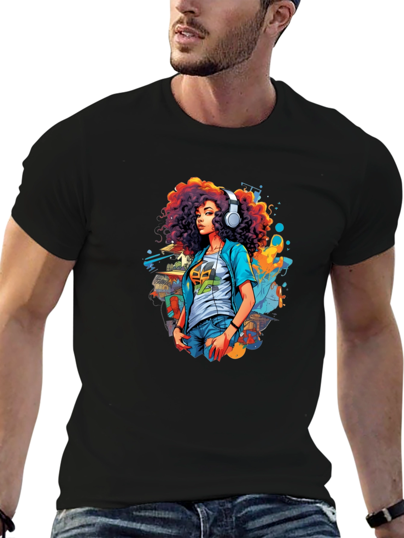 Afro Girl Graphic Tee - Black Cotton Casual Shirt