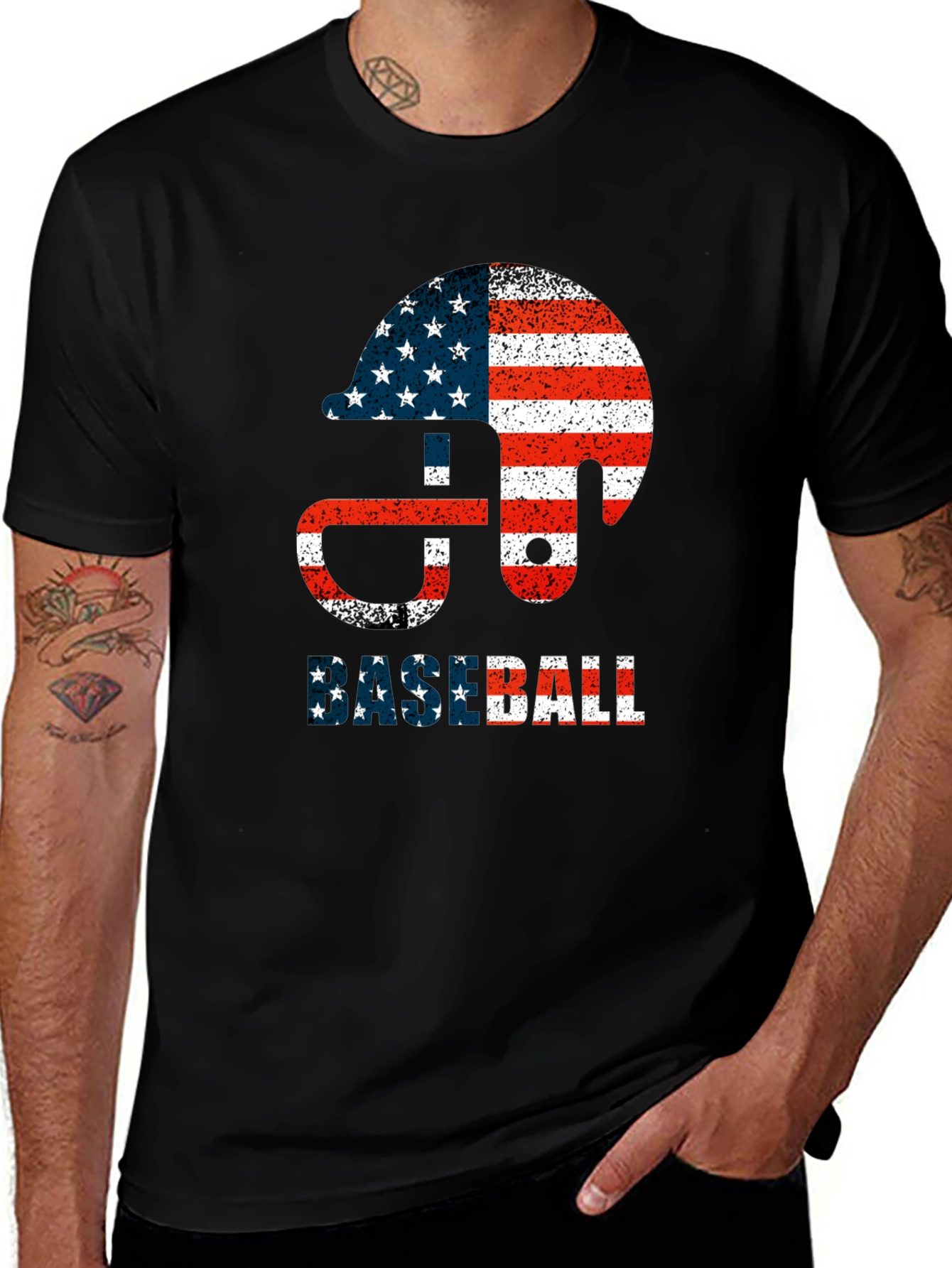 Baseball Helmet USA Flag Graphic T-Shirt