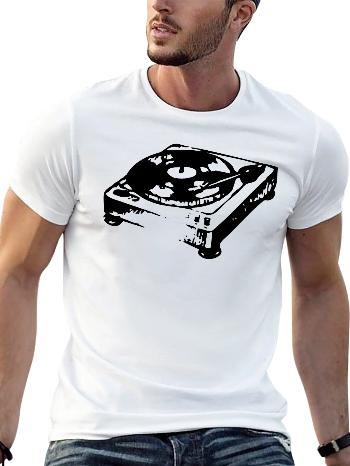 Retro Turntable Graphic Tee - Black Cotton Blend
