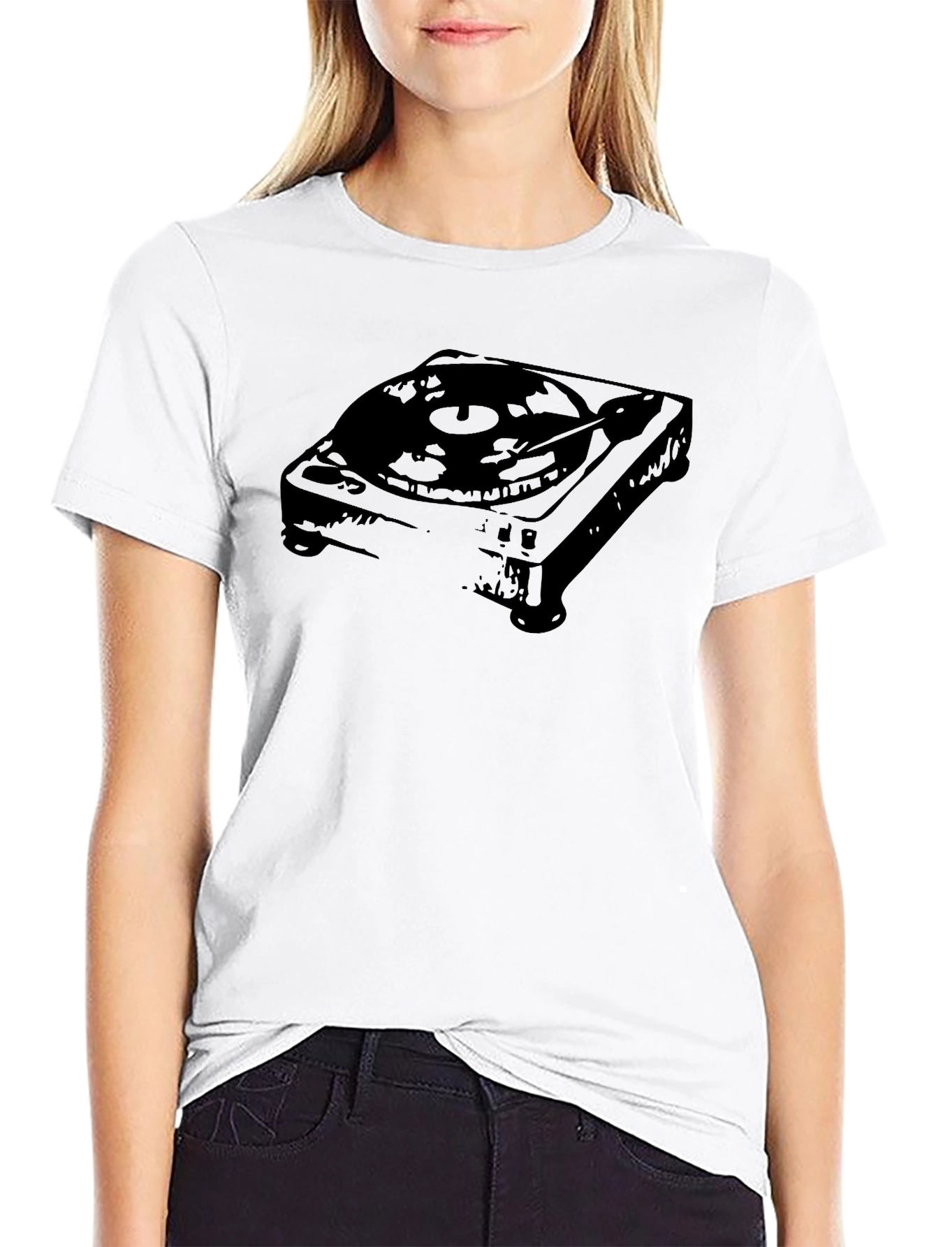 Retro Turntable Graphic Tee - Black Cotton Blend