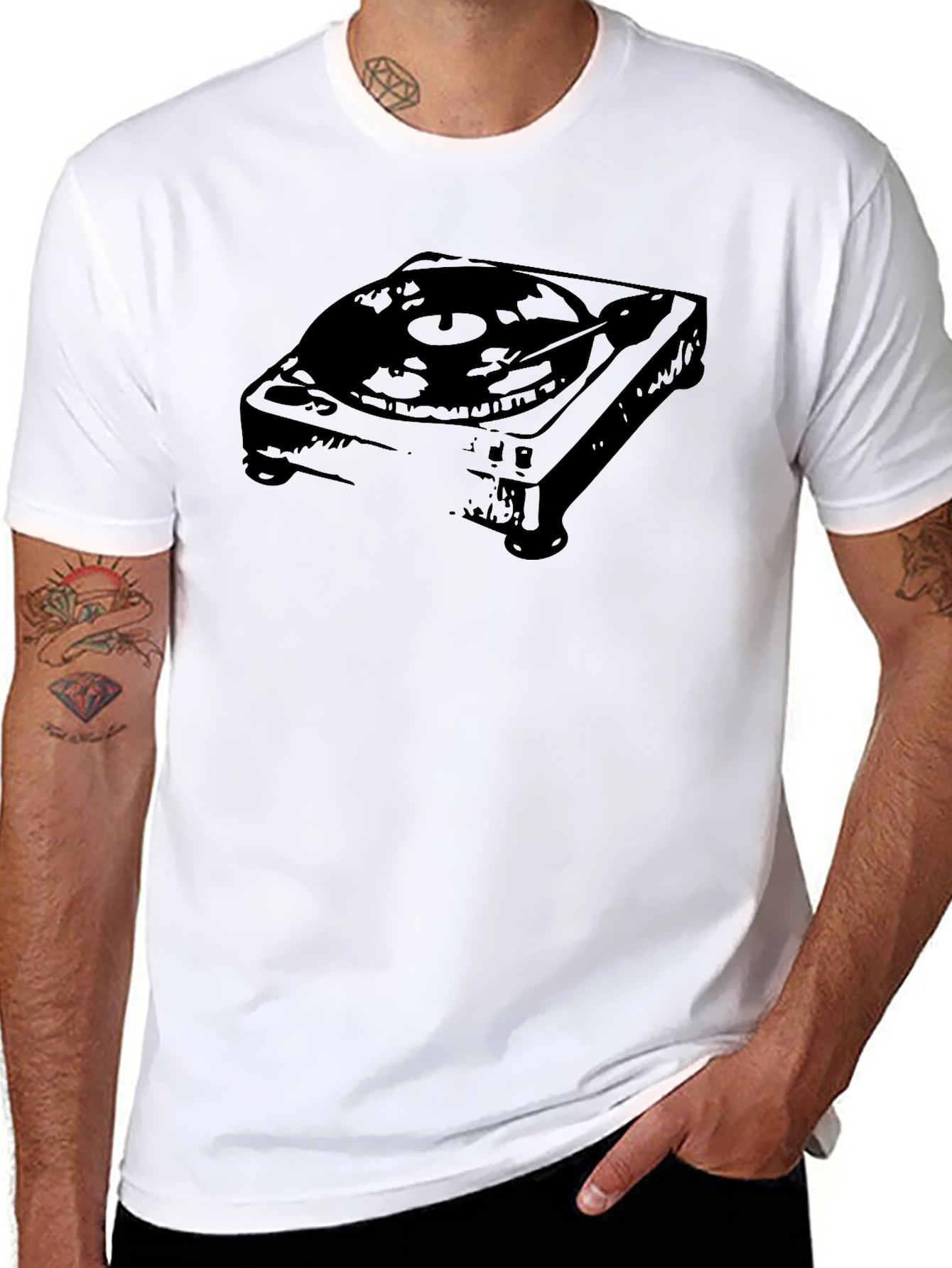 Retro Turntable Graphic Tee - Black Cotton Blend