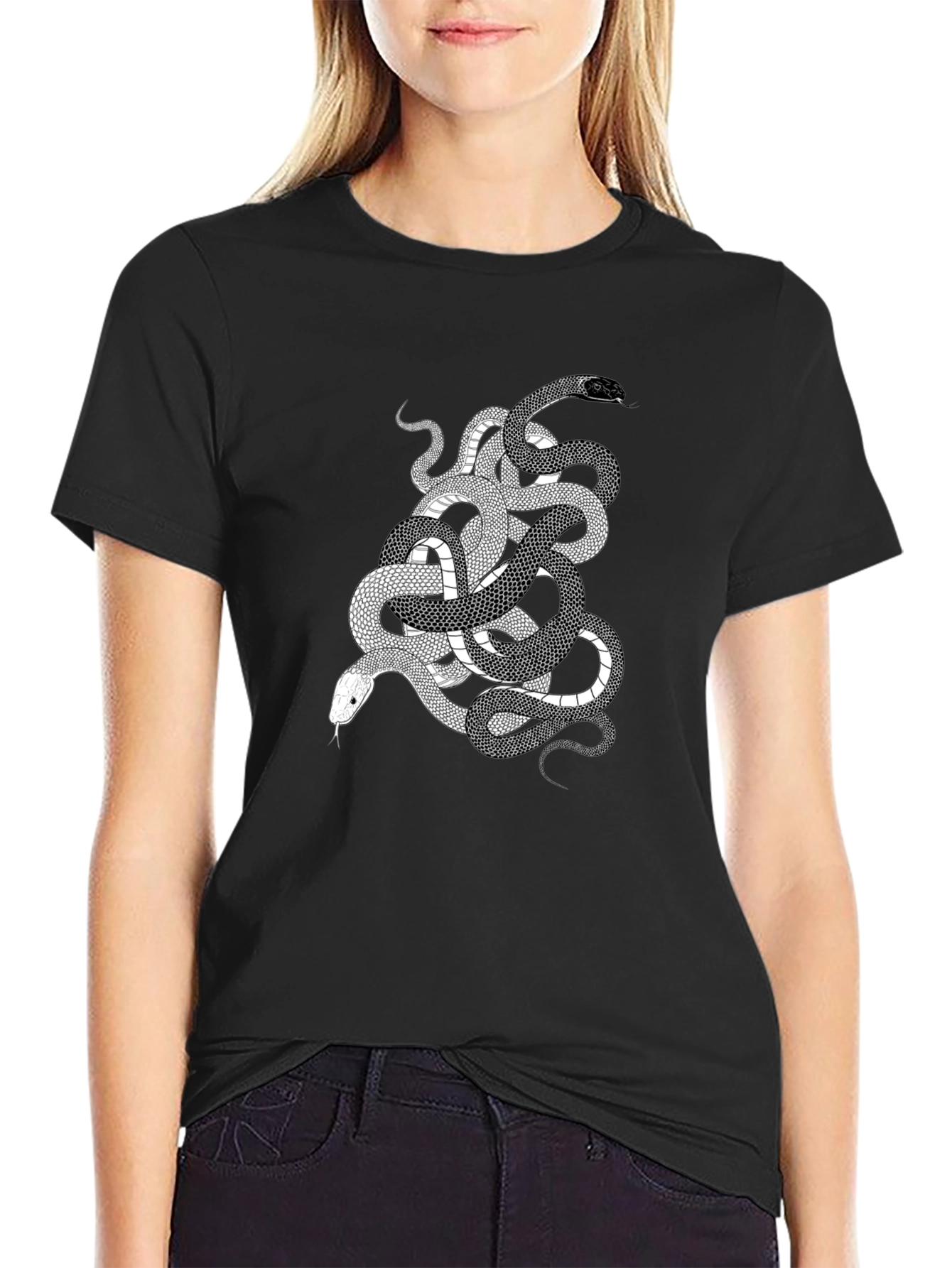 Snake Print Graphic Tee - Black Cotton T-Shirt