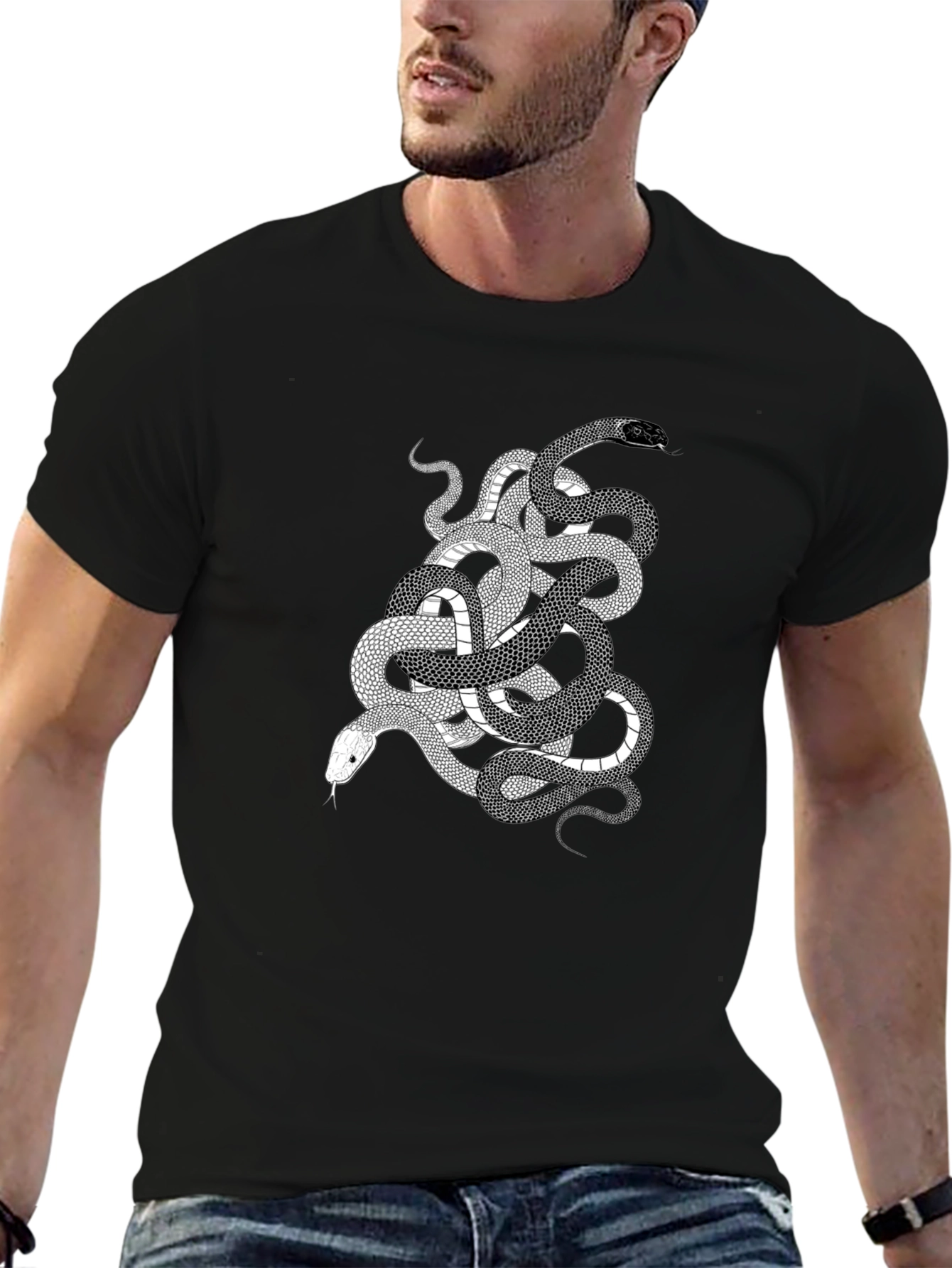 Snake Print Graphic Tee - Black Cotton T-Shirt