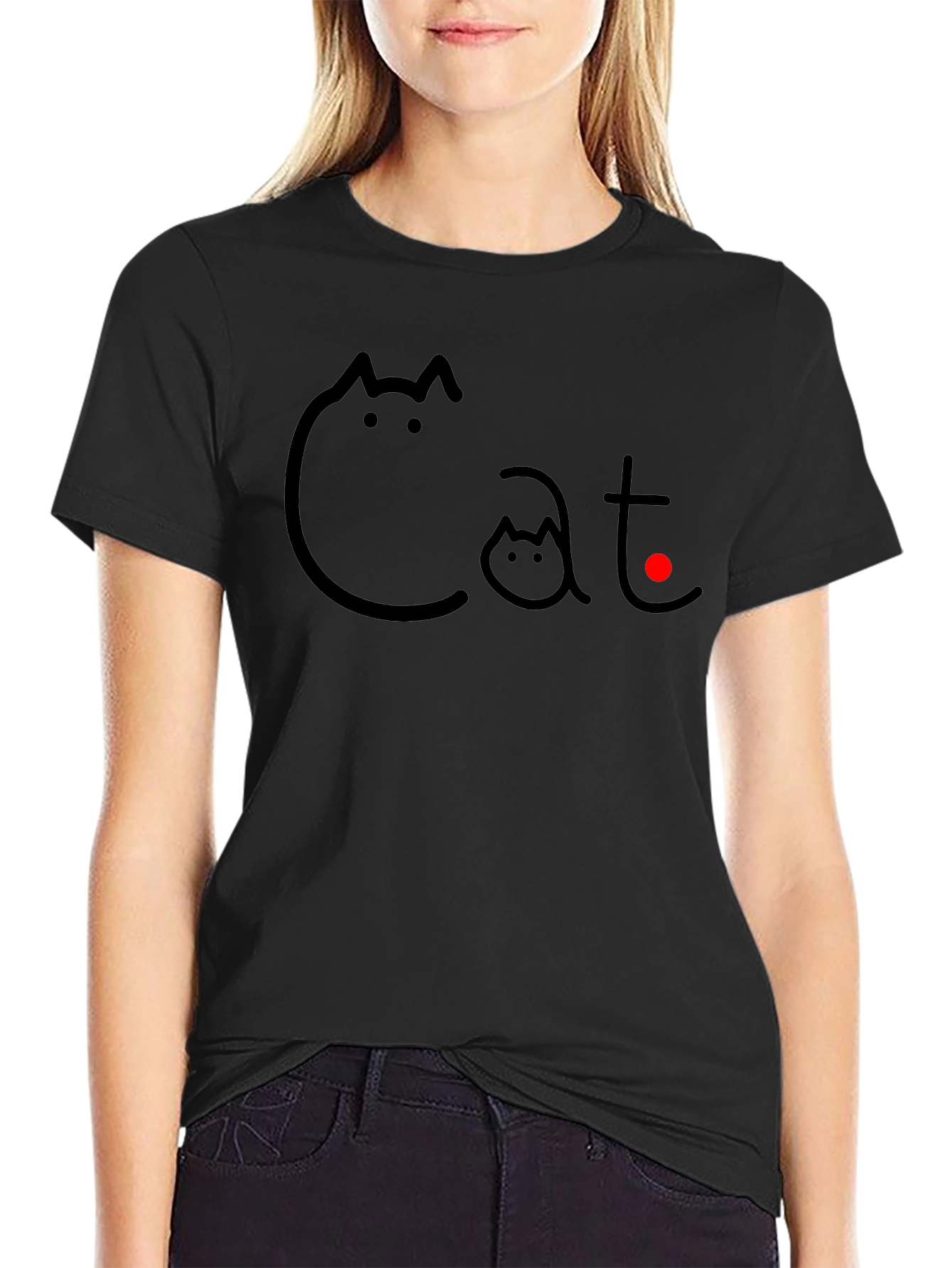 Cat Graphic T-Shirt - Black Crew Neck Tee