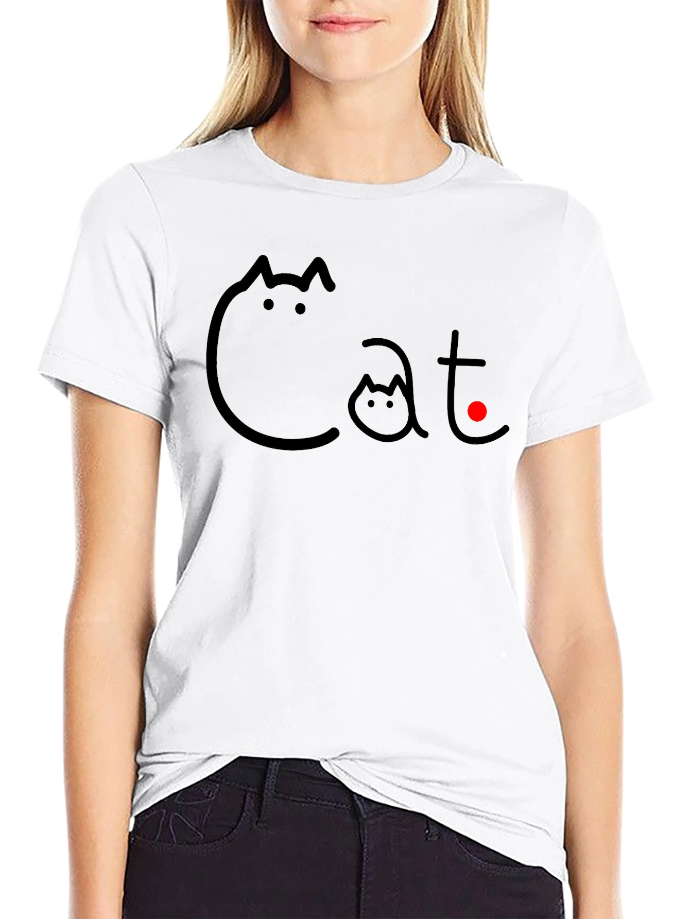 Cat Graphic T-Shirt - Black Crew Neck Tee