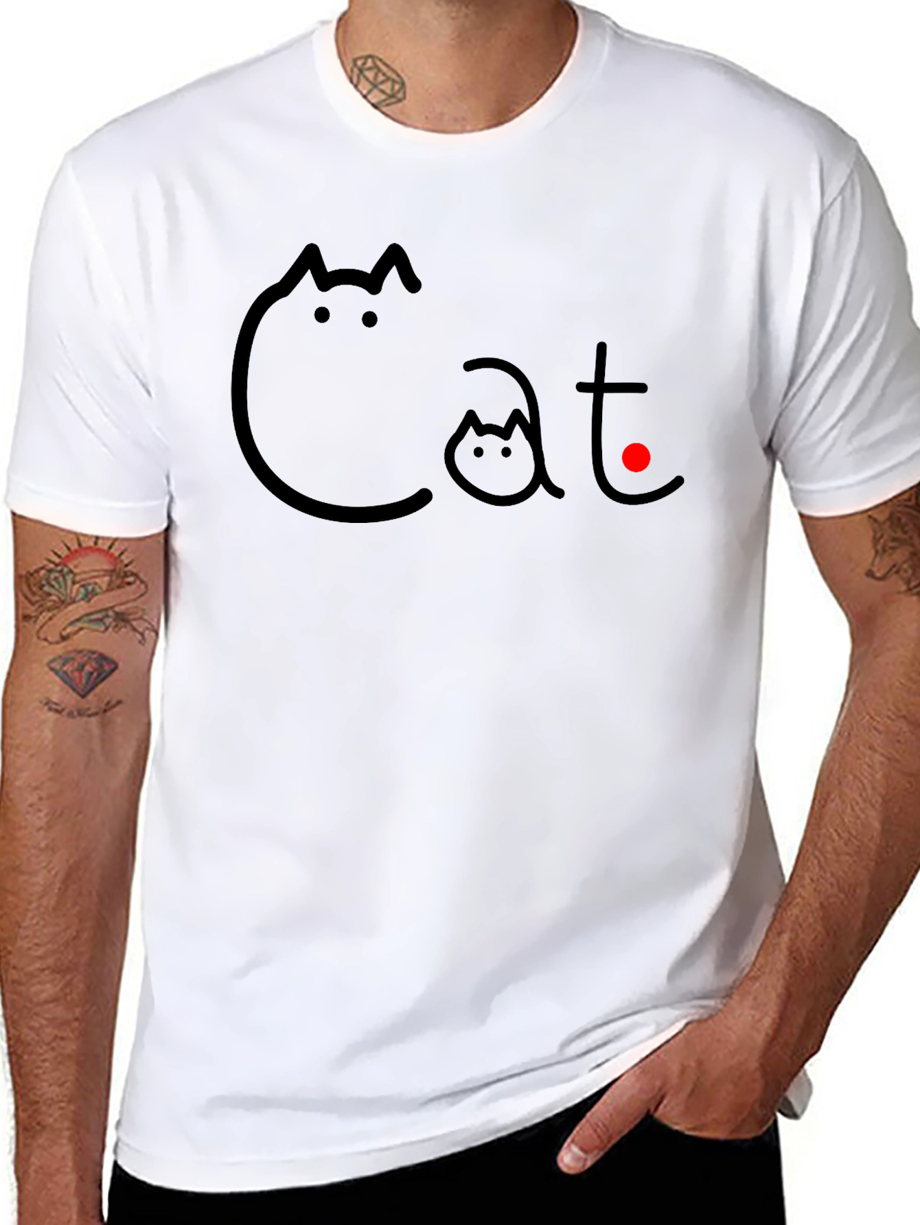 Cat Graphic T-Shirt - Black Crew Neck Tee