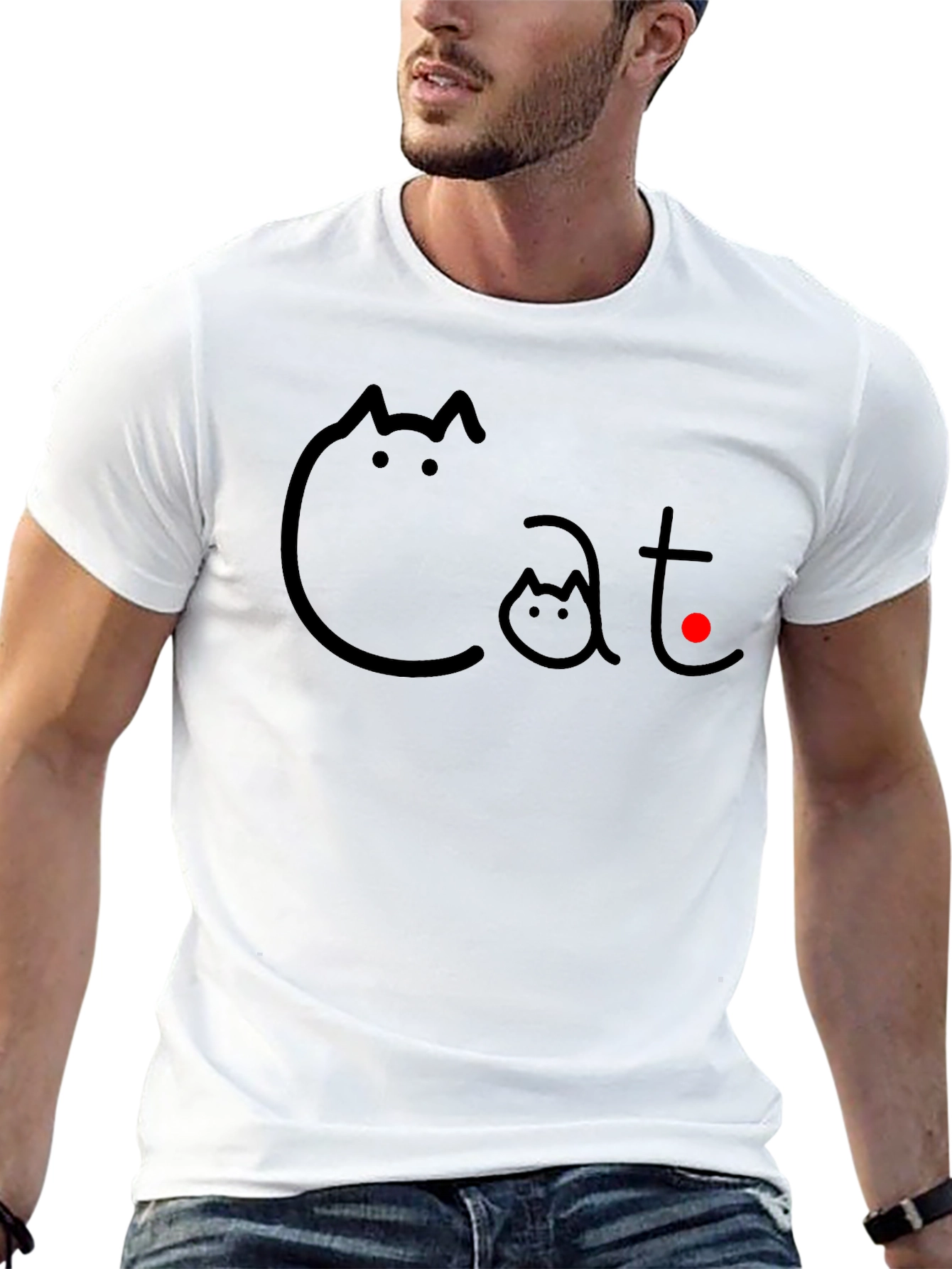 Cat Graphic T-Shirt - Black Crew Neck Tee