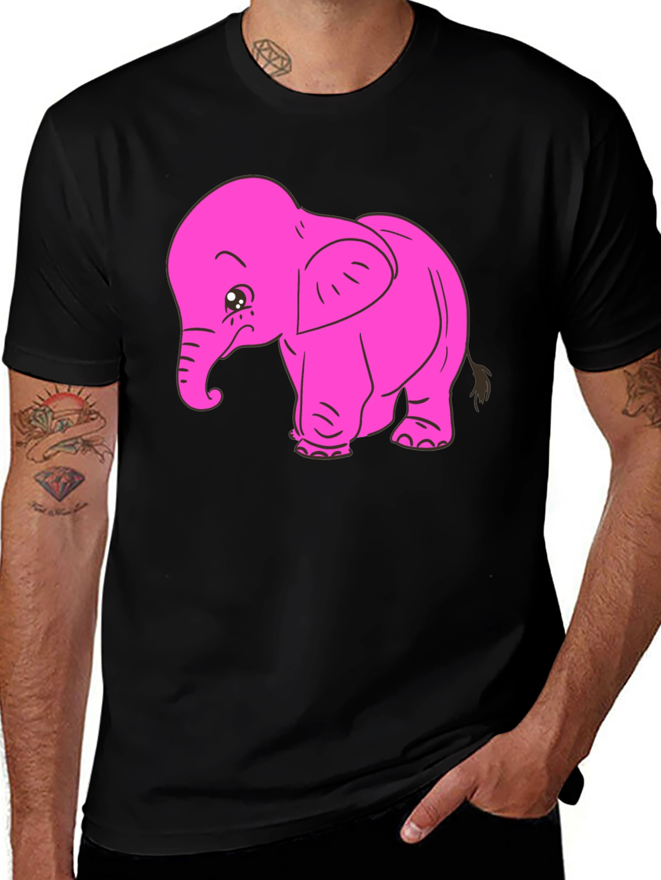 Pink Elephant Graphic Tee - Black Cotton T-Shirt