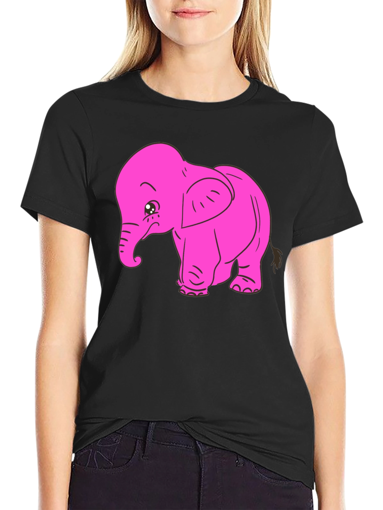 Pink Elephant Graphic Tee - Black Cotton T-Shirt