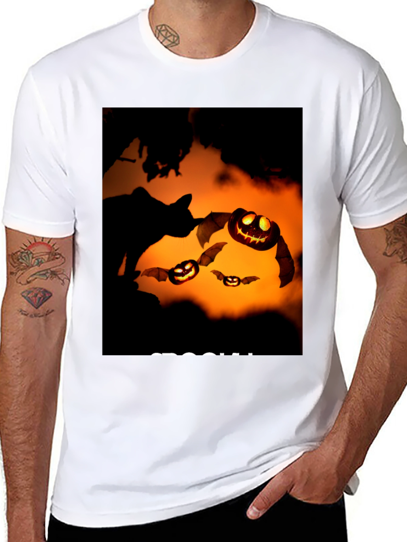 Halloween Black Cat Pumpkin Bat T-Shirt