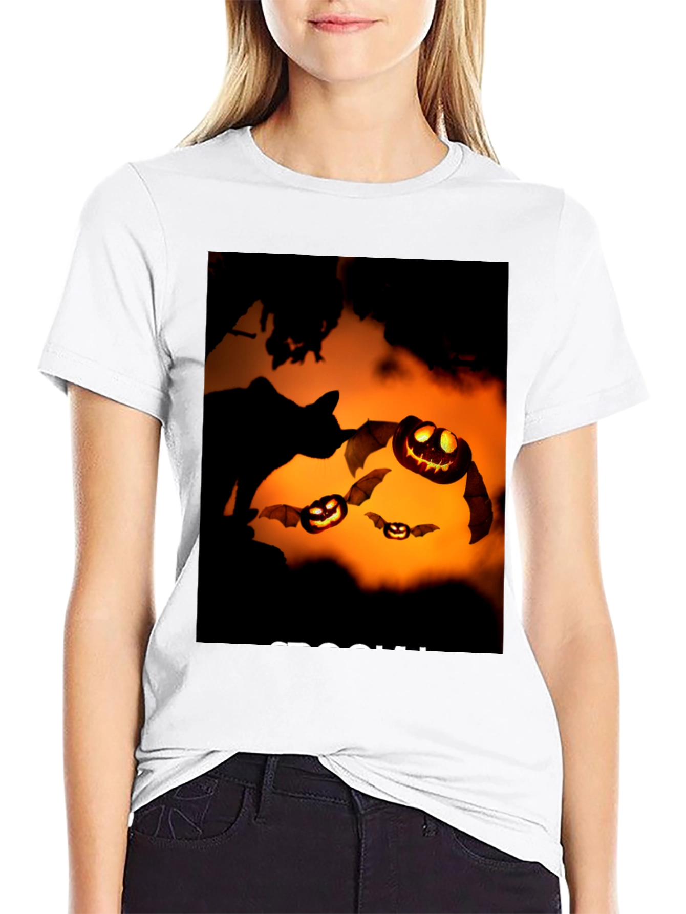 Halloween Black Cat Pumpkin Bat T-Shirt