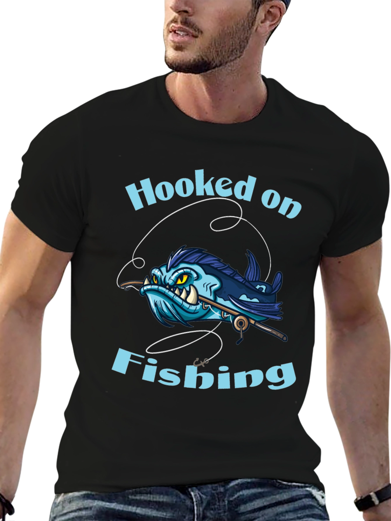 Hooked on Fishing T-Shirt - Black Cotton Tee