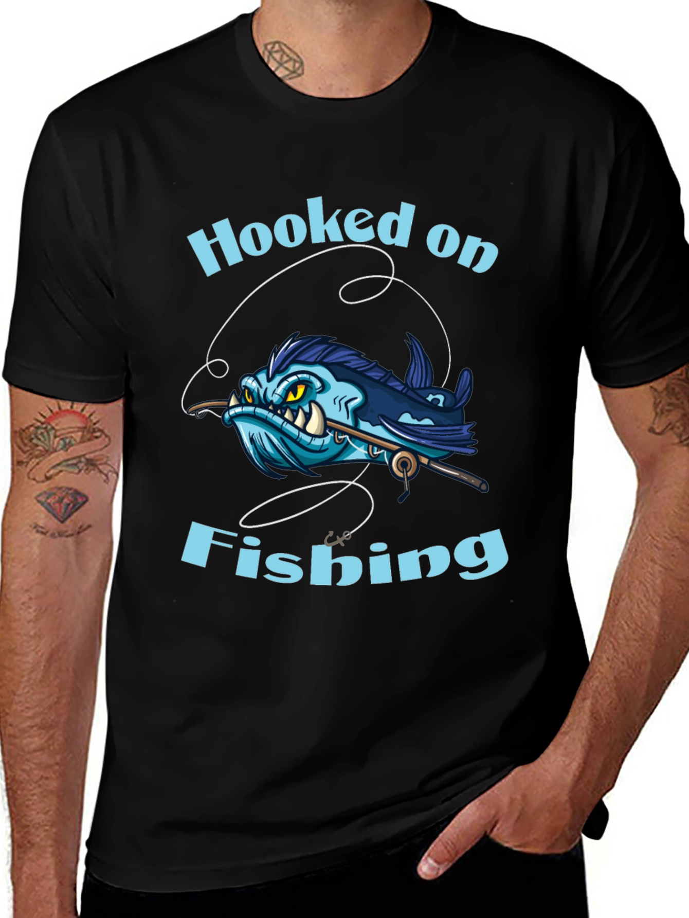 Hooked on Fishing T-Shirt - Black Cotton Tee