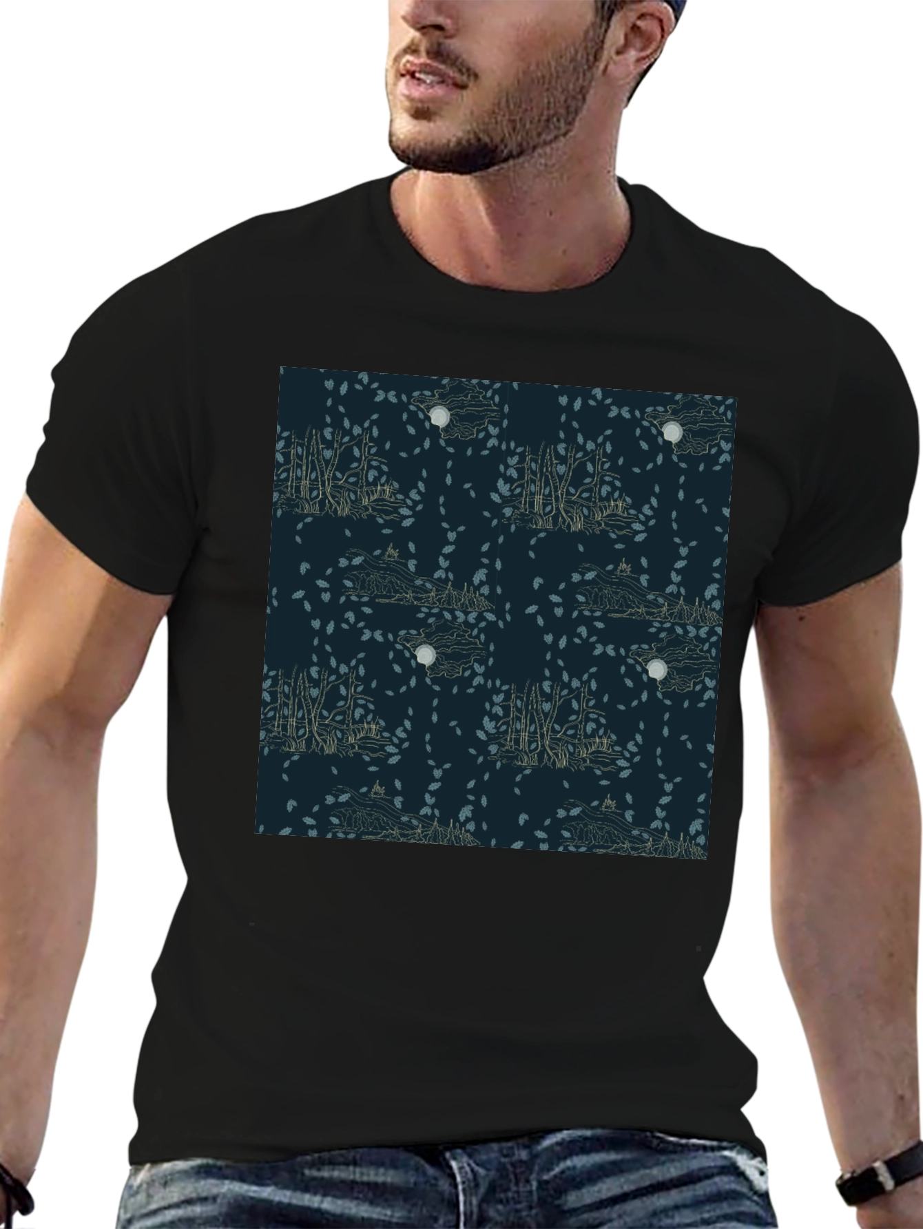 Mens Black T-Shirt with Nature Pattern